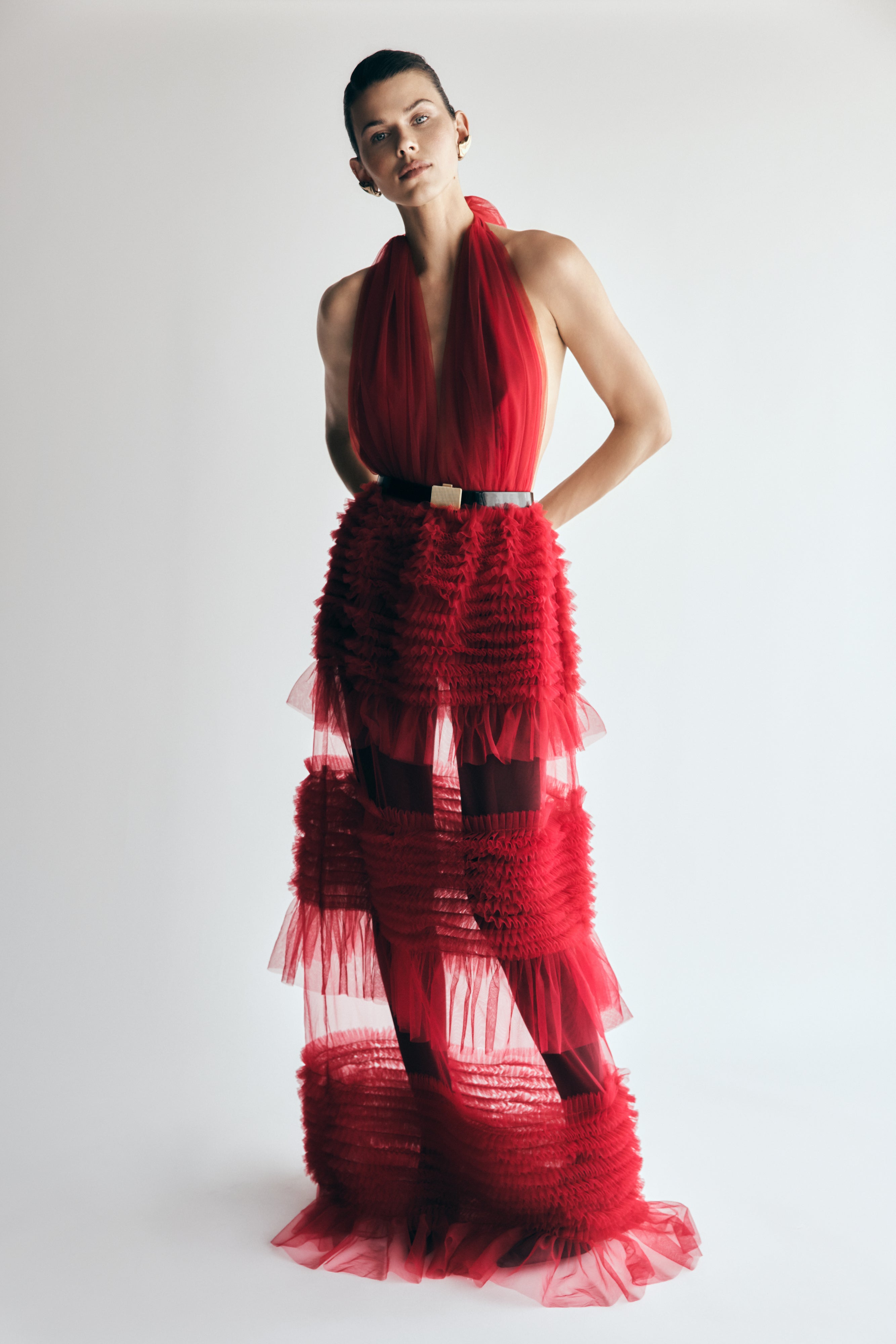 Mesh Ruffle Halter Maxi Dress with Deep Plunge Neckline | Minka