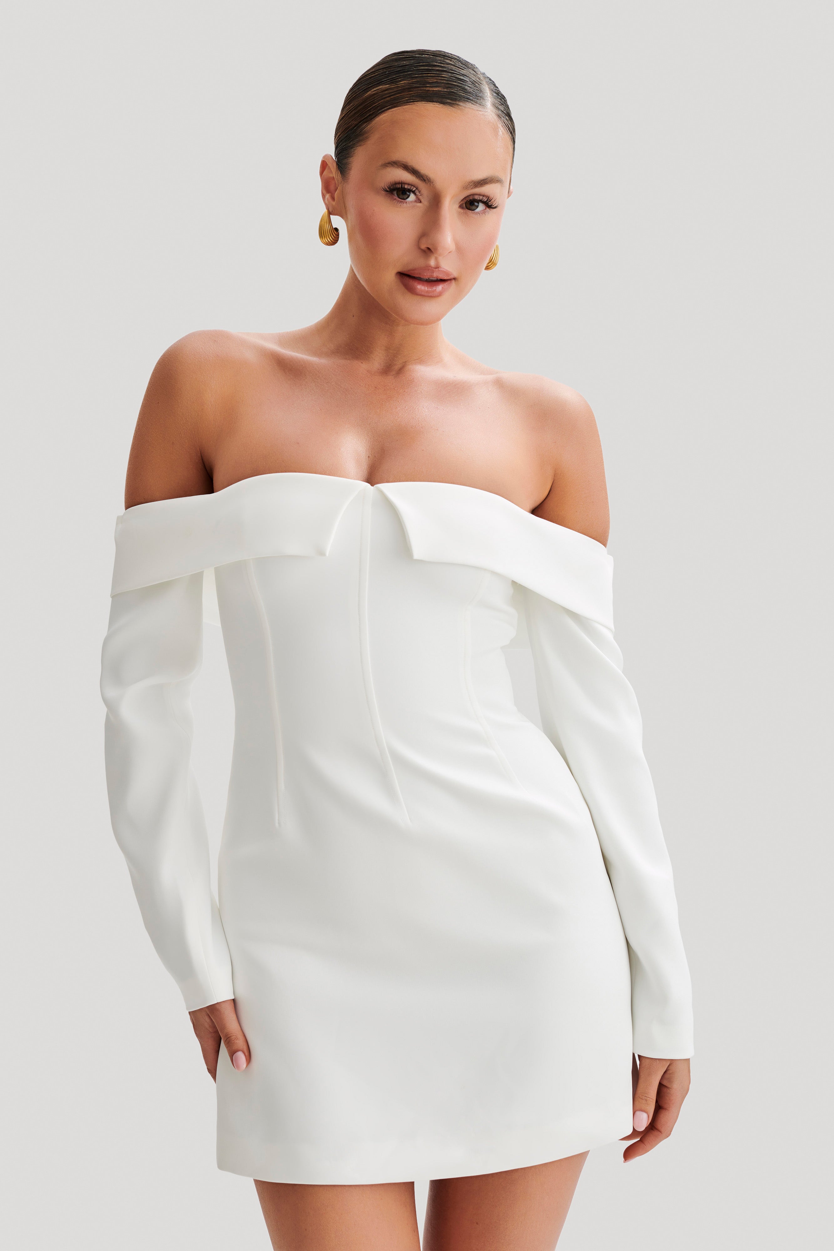 Off Shoulder Mini Dress with Long Sleeves & A-Line Skirt | Hugo Suiting
