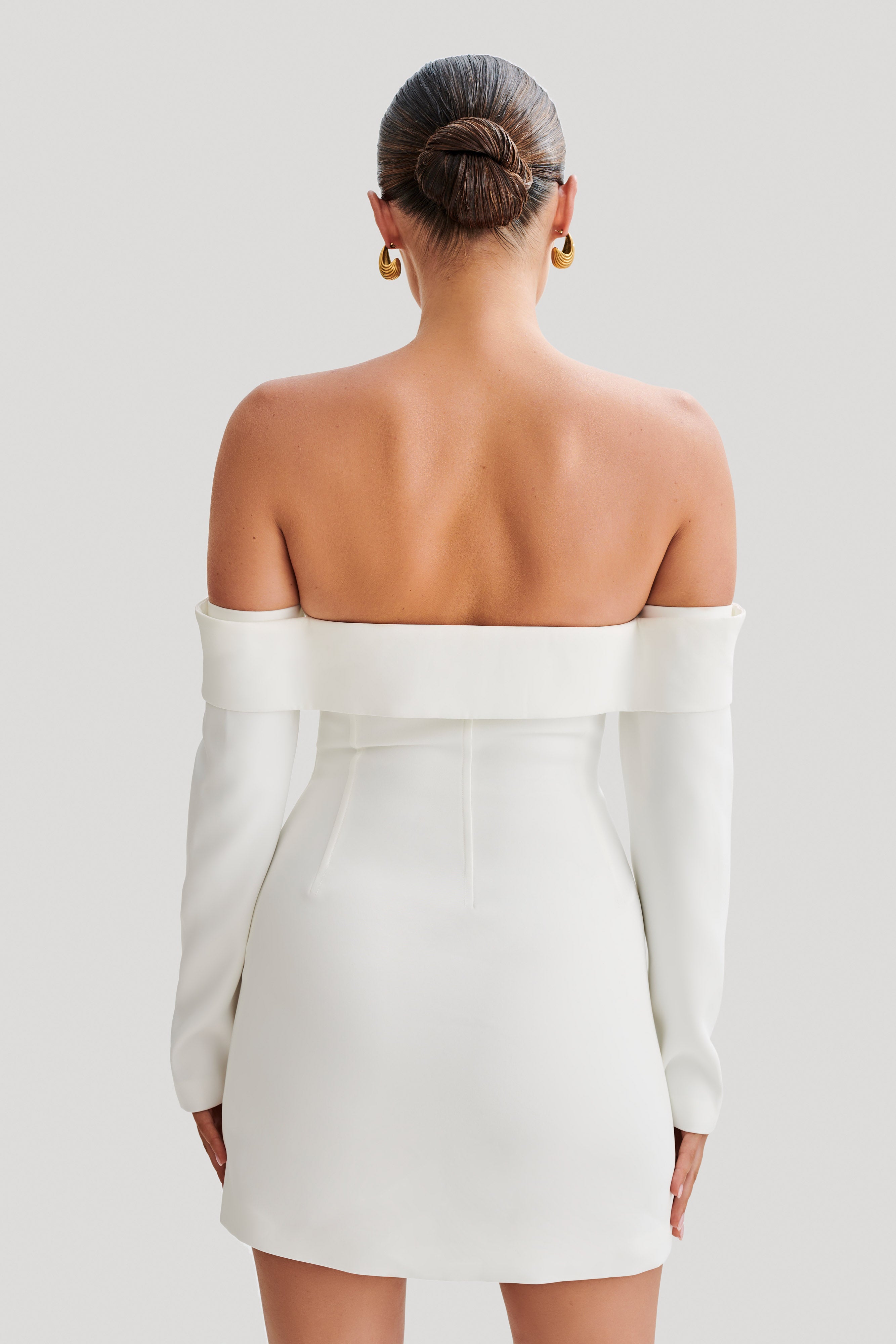 Off Shoulder Mini Dress with Long Sleeves & A-Line Skirt | Hugo Suiting