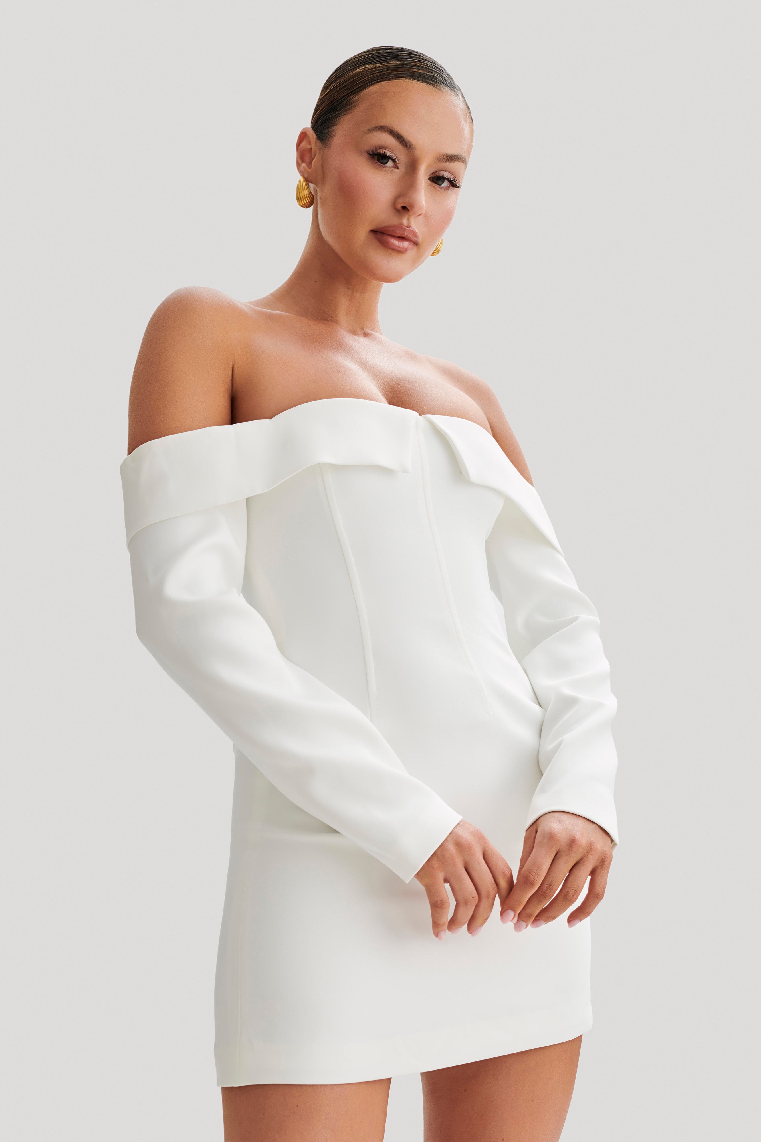 Off Shoulder Mini Dress with Long Sleeves & A-Line Skirt | Hugo Suiting