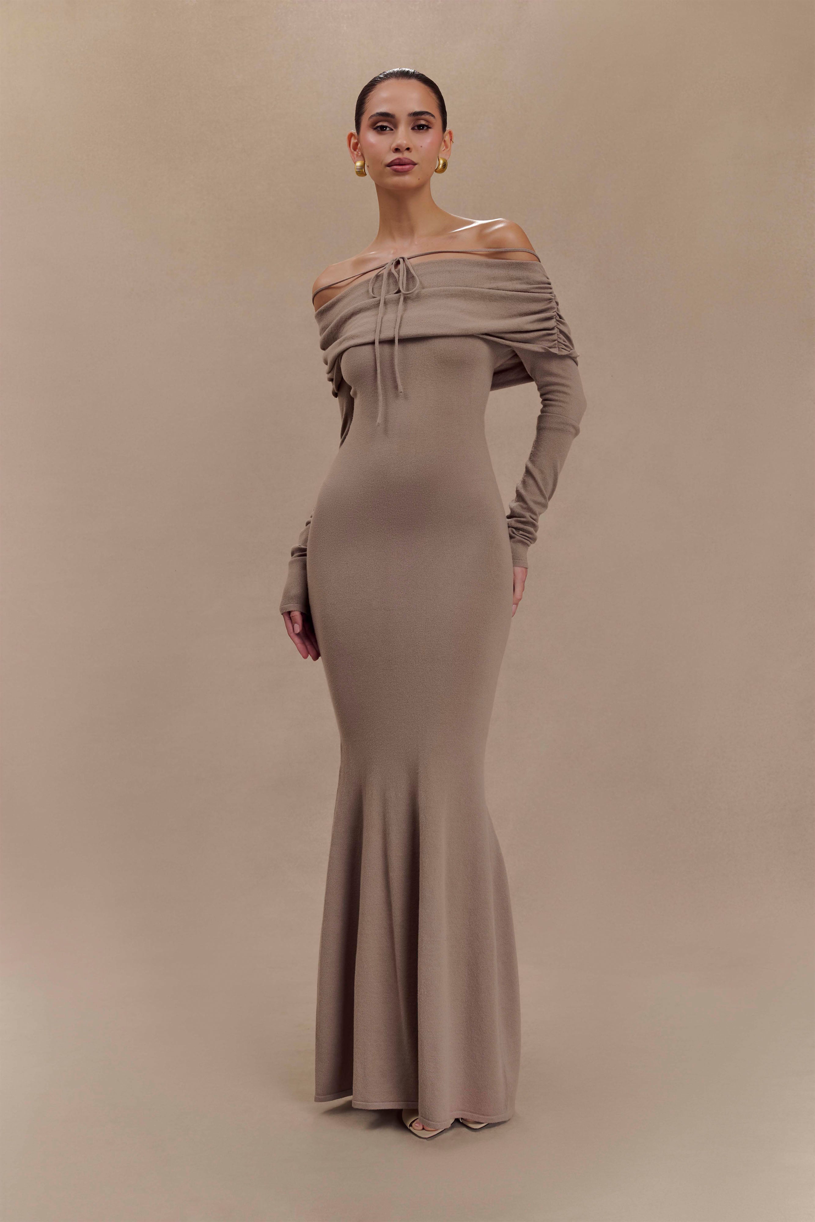 Off Shoulder Knit Midi Dress with Bardot Neckline | Georgiana