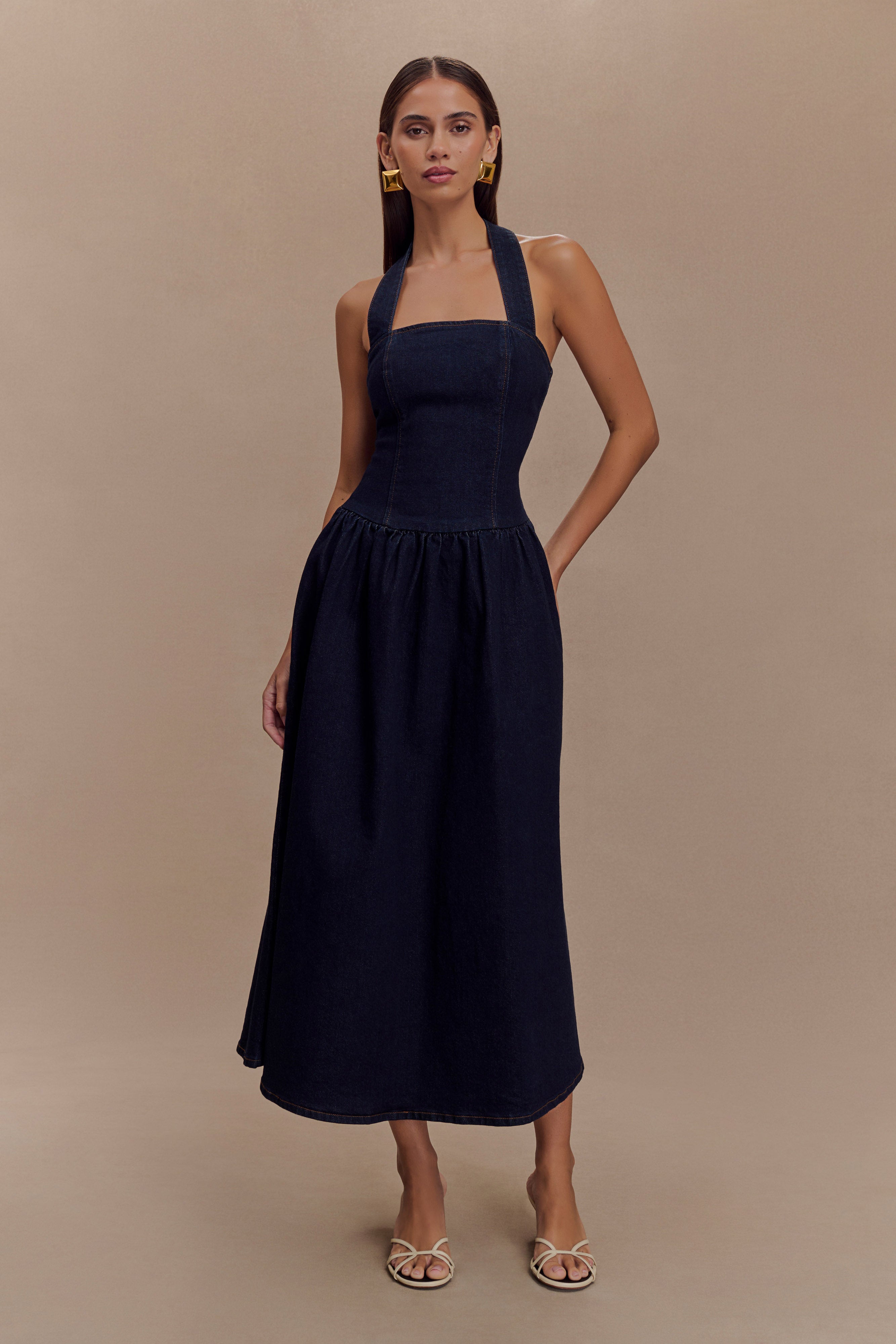 Denim Halter Midi Dress with Exposed Zipper | Caroline Indigo Blue