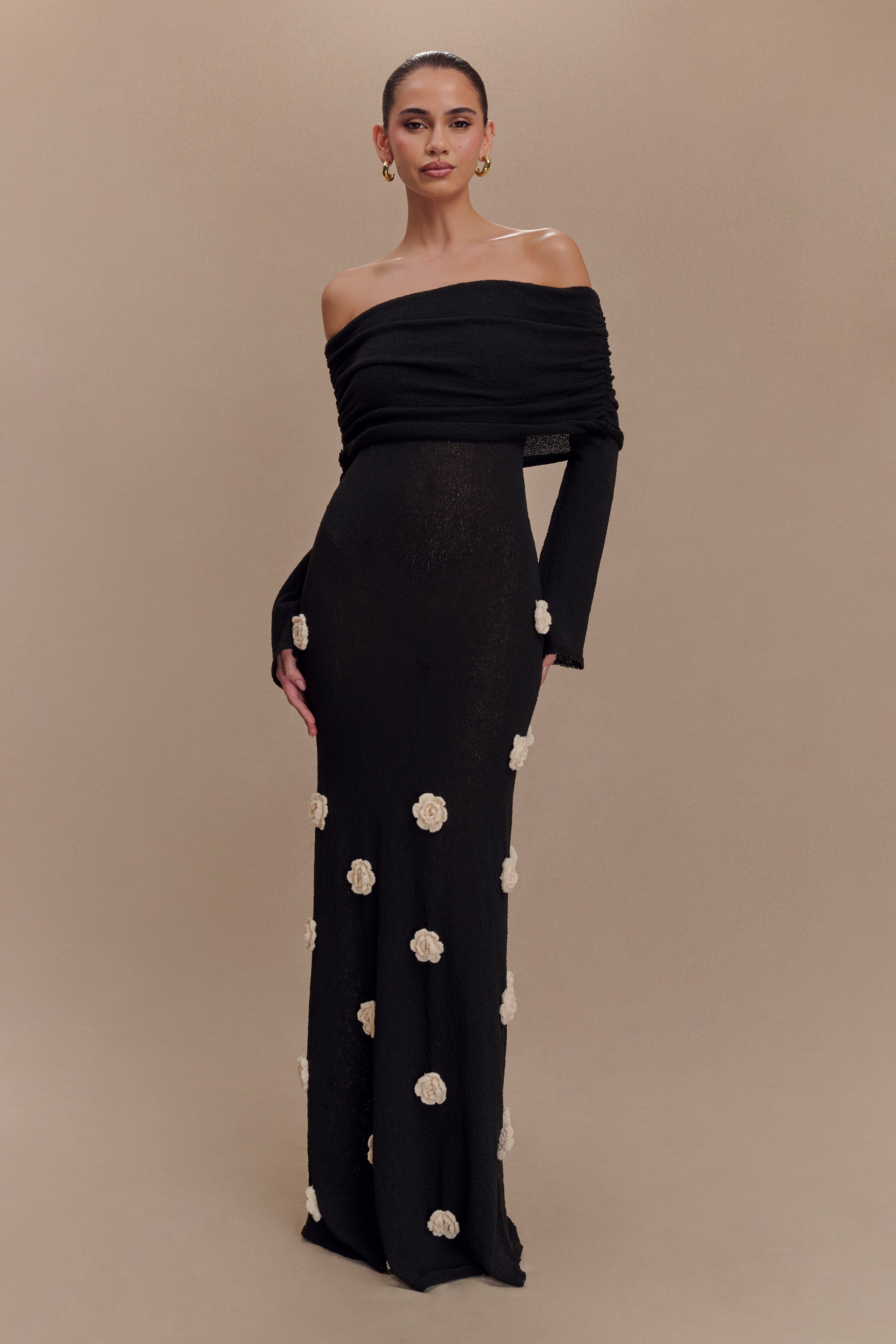 Off Shoulder Knit Maxi Dress with Rose Applique | Kiki