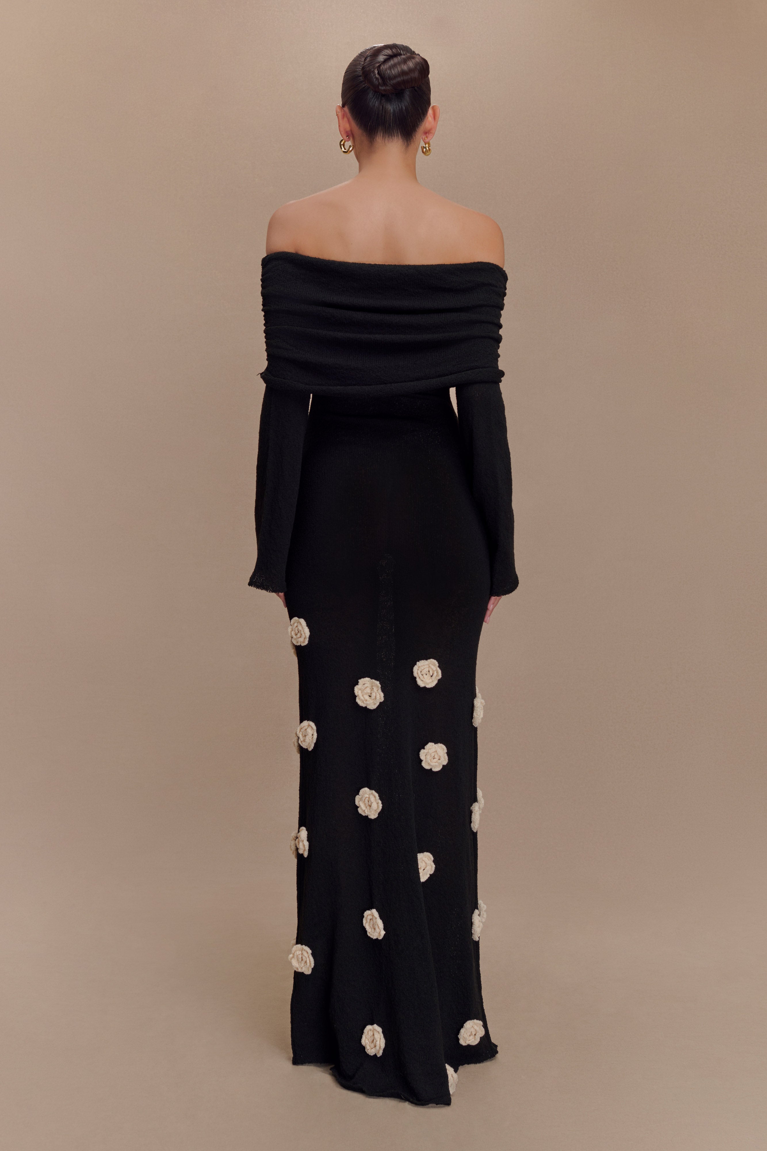 Off Shoulder Knit Maxi Dress with Rose Applique | Kiki