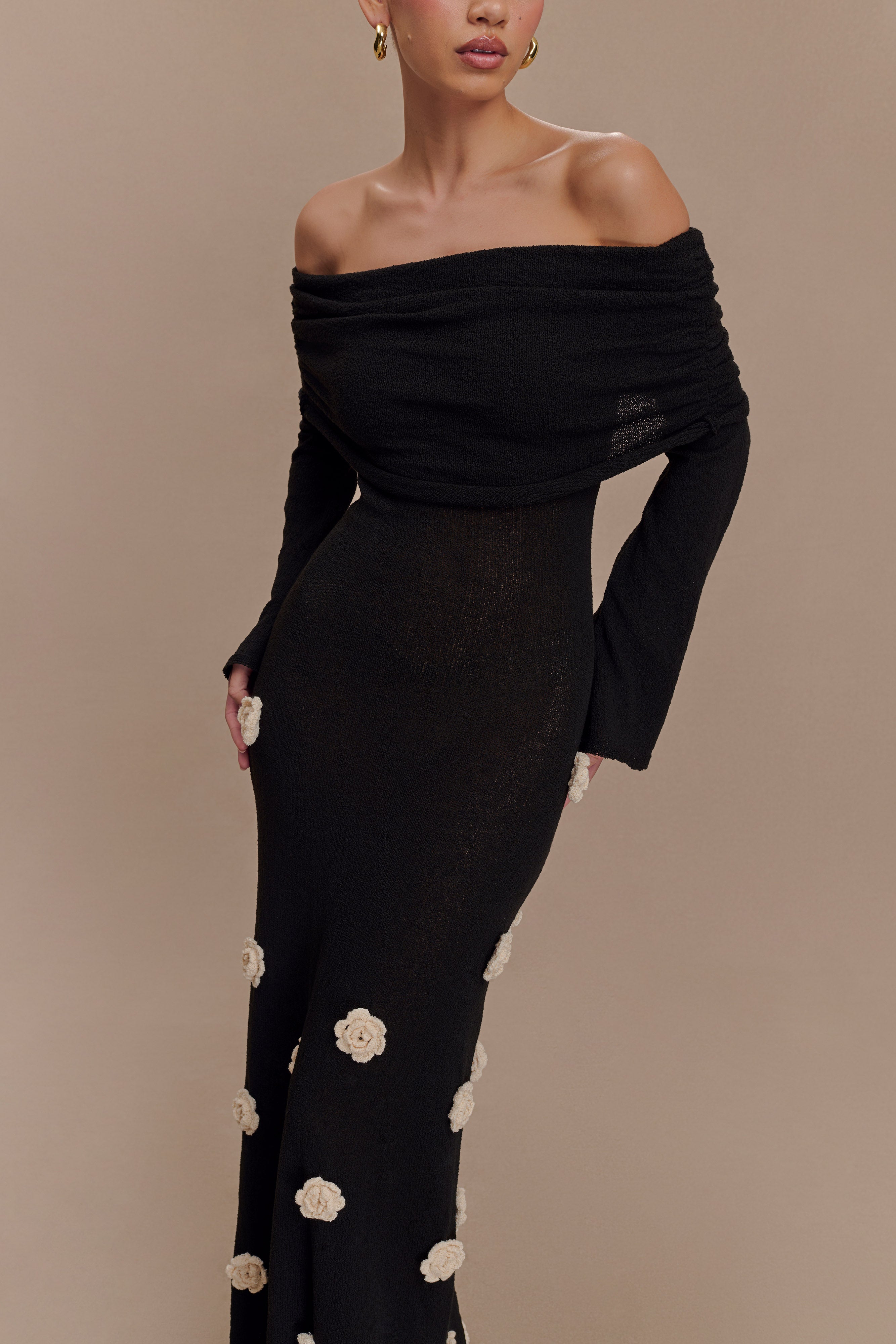 Off Shoulder Knit Maxi Dress with Rose Applique | Kiki