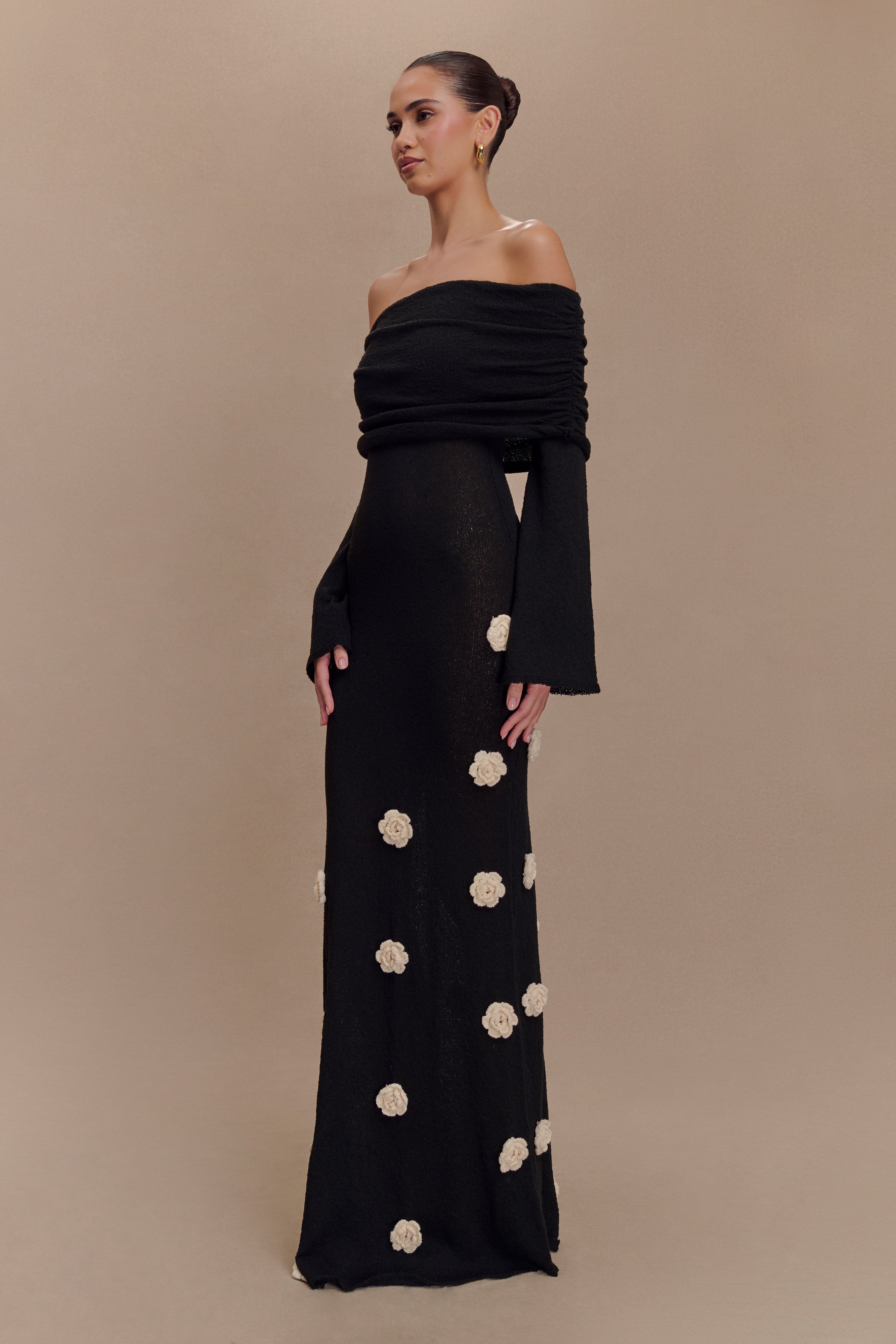 Off Shoulder Knit Maxi Dress with Rose Applique | Kiki