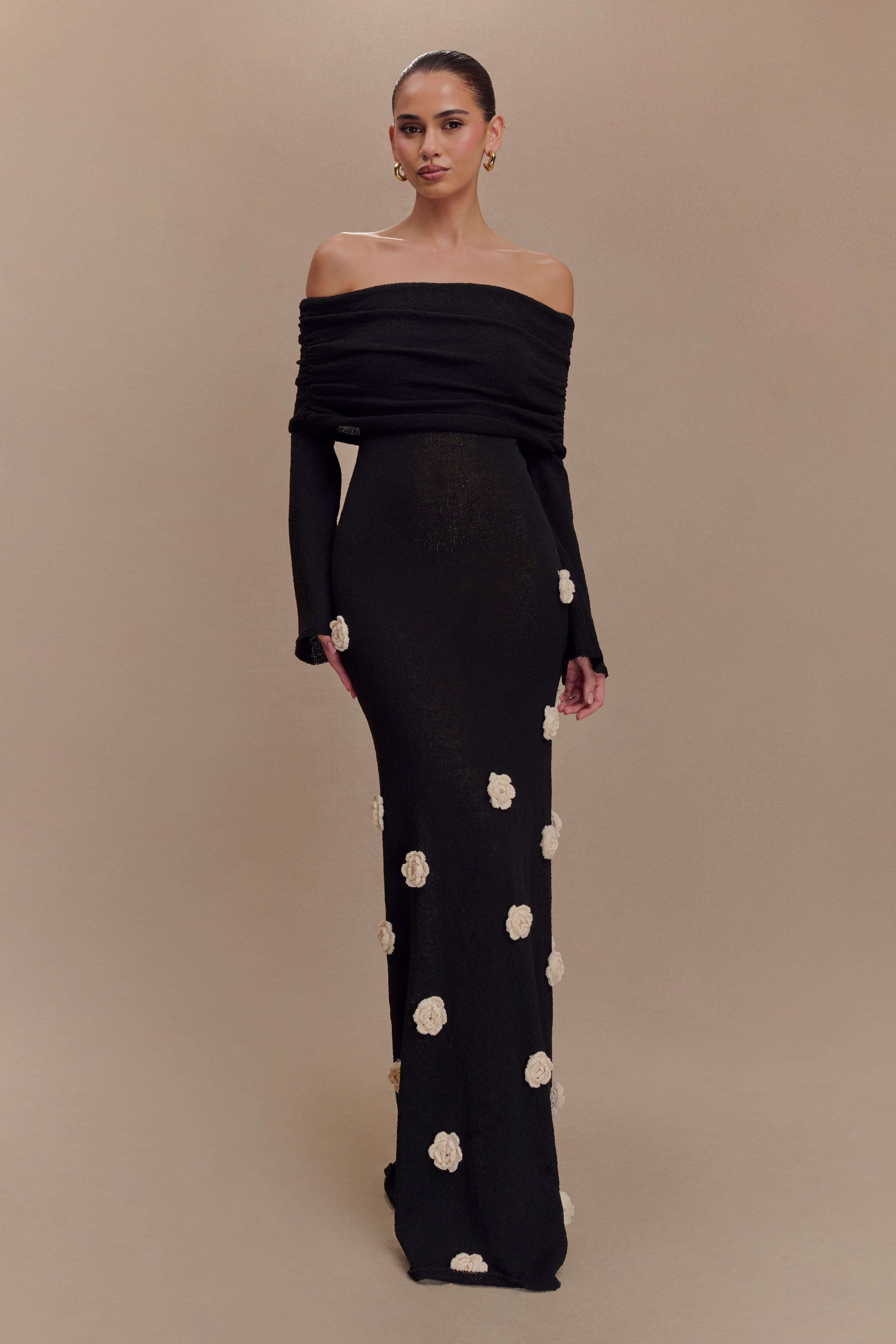 Off Shoulder Knit Maxi Dress with Rose Applique | Kiki