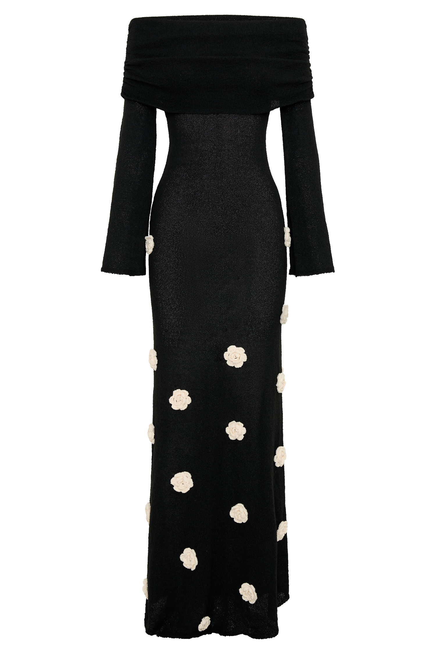Off Shoulder Knit Maxi Dress with Rose Applique | Kiki
