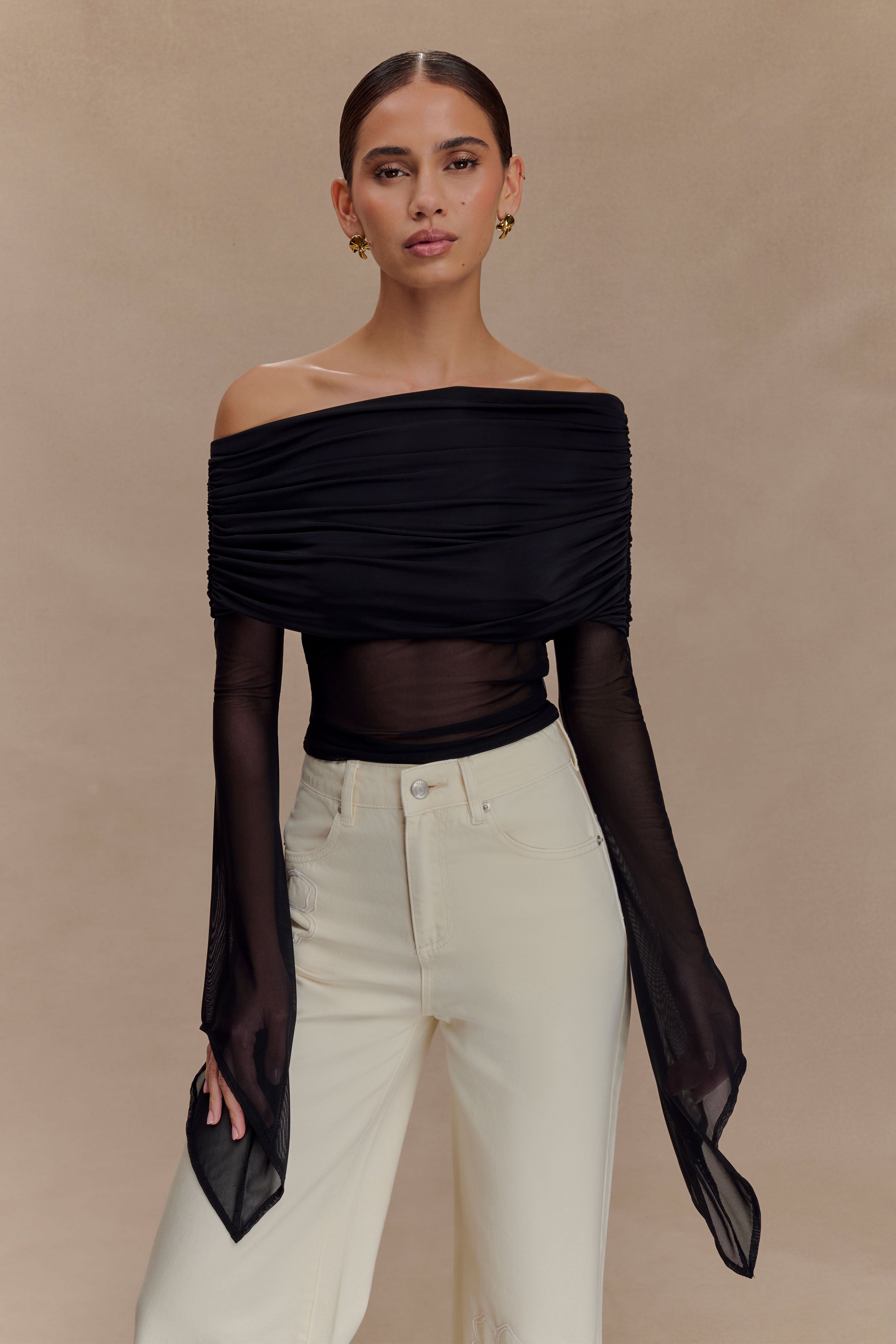 One Shoulder Mesh Top with Asymmetrical Neckline | Dahlia Black