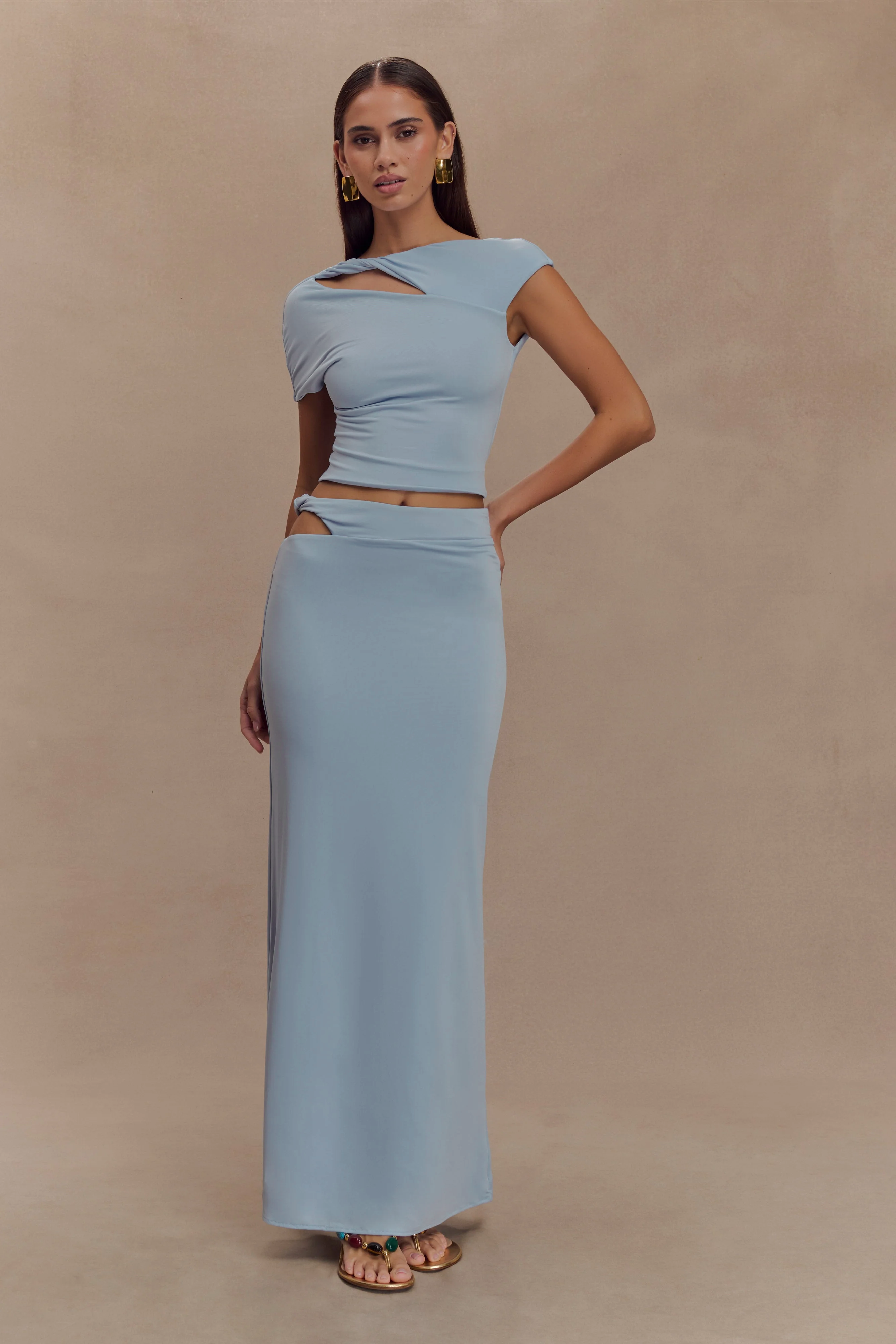 Twist Midi Skirt with Asymmetrical Waist | Haven Pale Blue