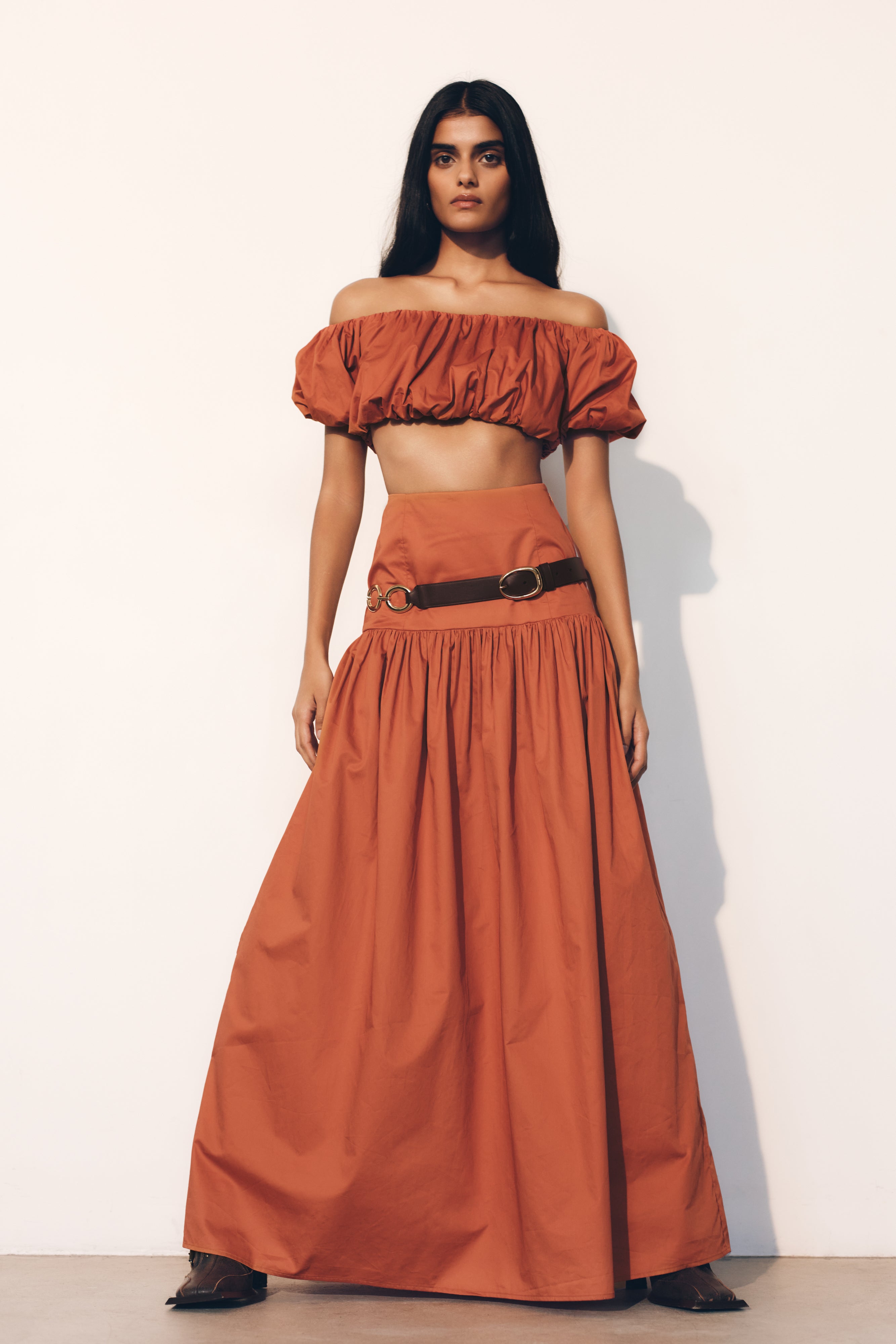 Burnt Orange Maxi Skirt with Drop Waist & Side Zip | AUTUMN