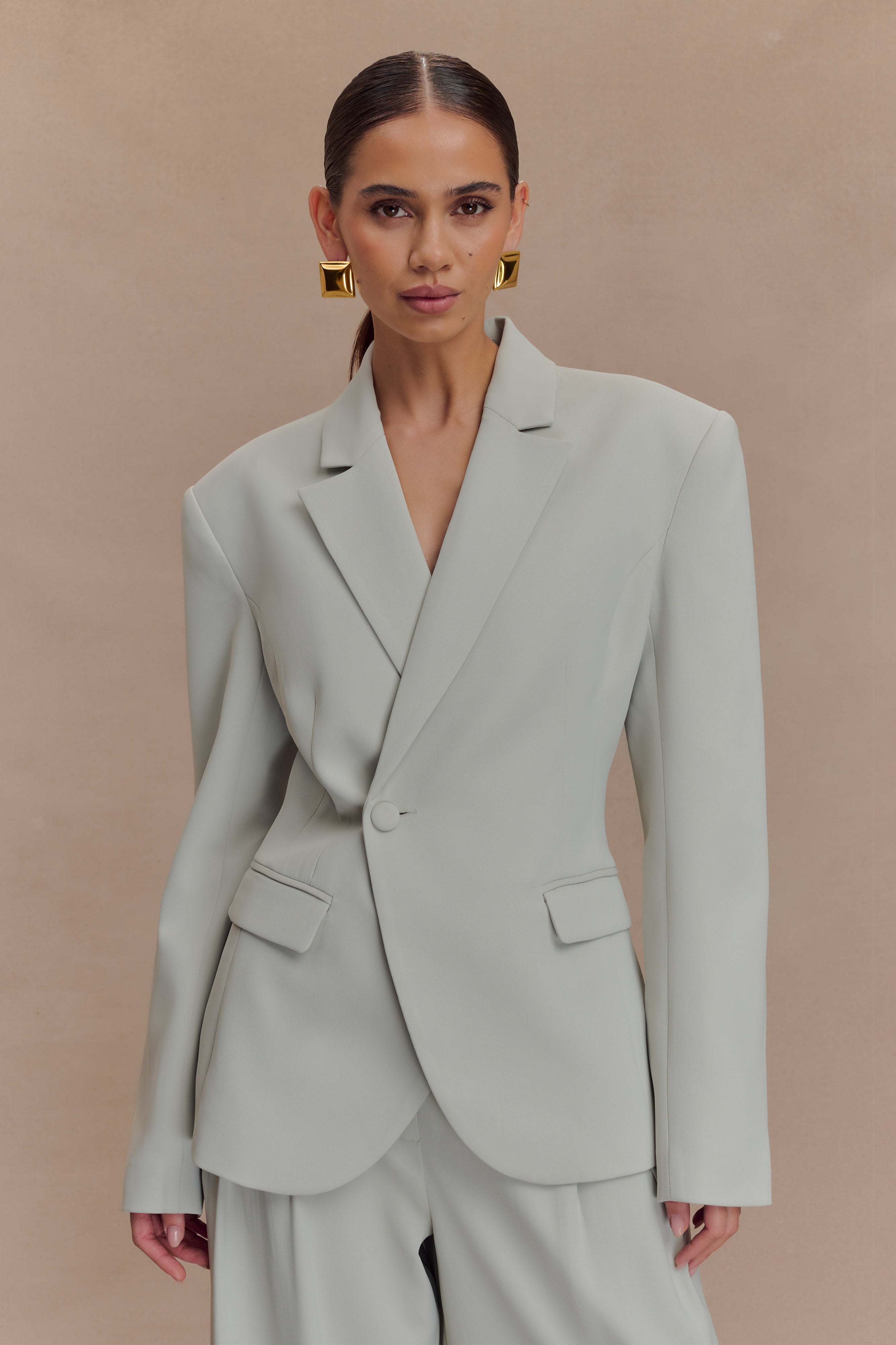 Light Sage Cinched Suiting Blazer with Waist Sculpting | Jameson