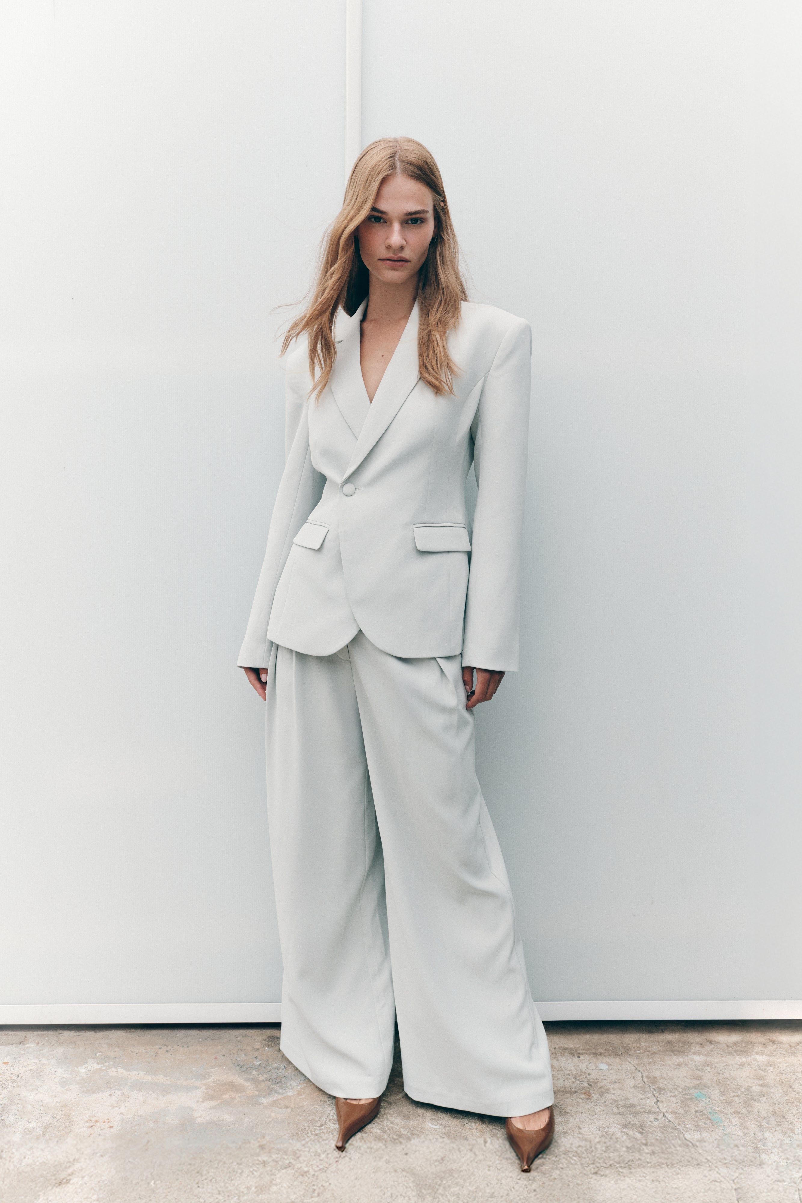 Light Sage Cinched Suiting Blazer with Waist Sculpting | Jameson
