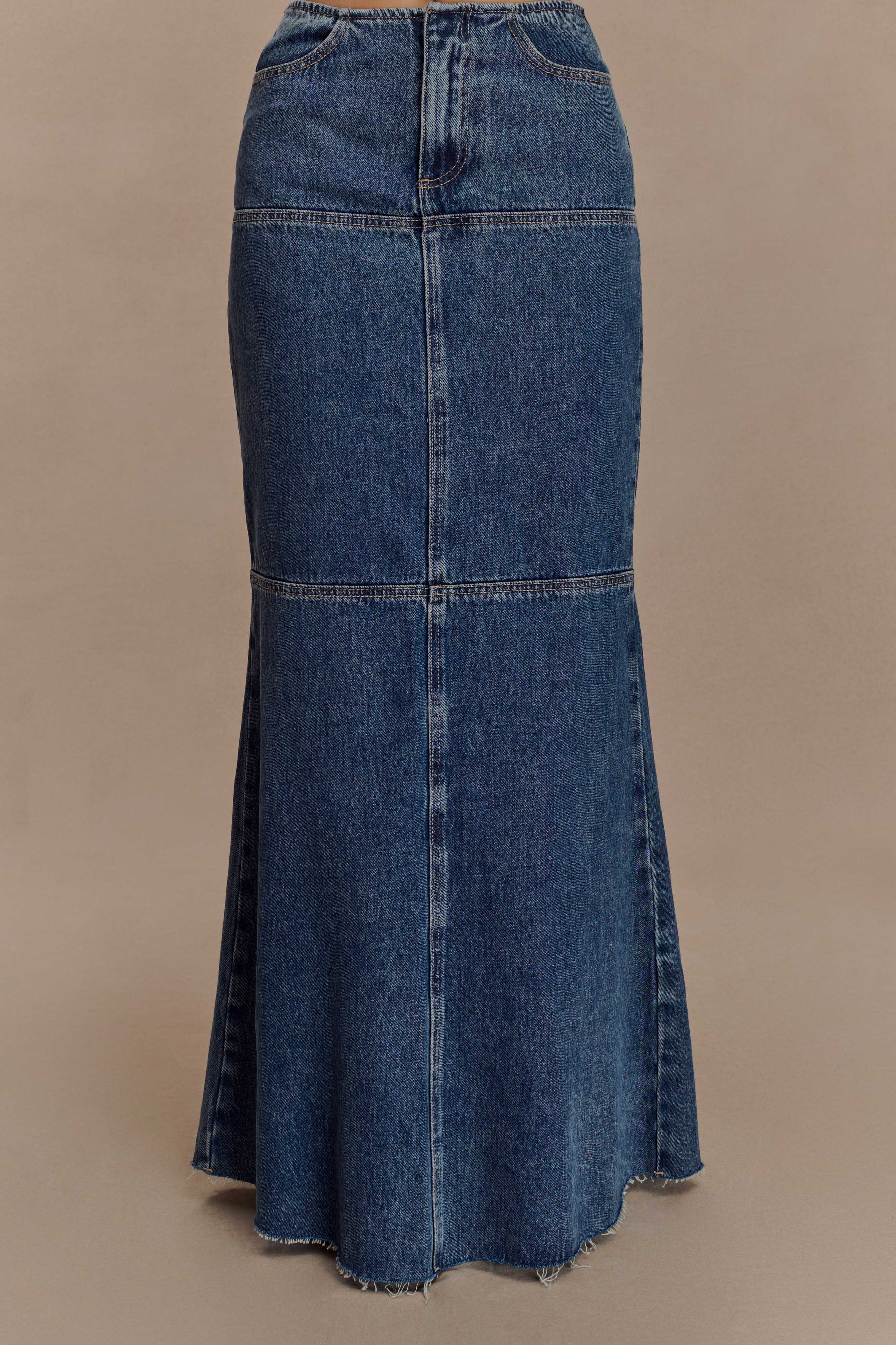 Denim Maxi Skirt with Fishtail Hem & Pockets | Loretta Washed Blue