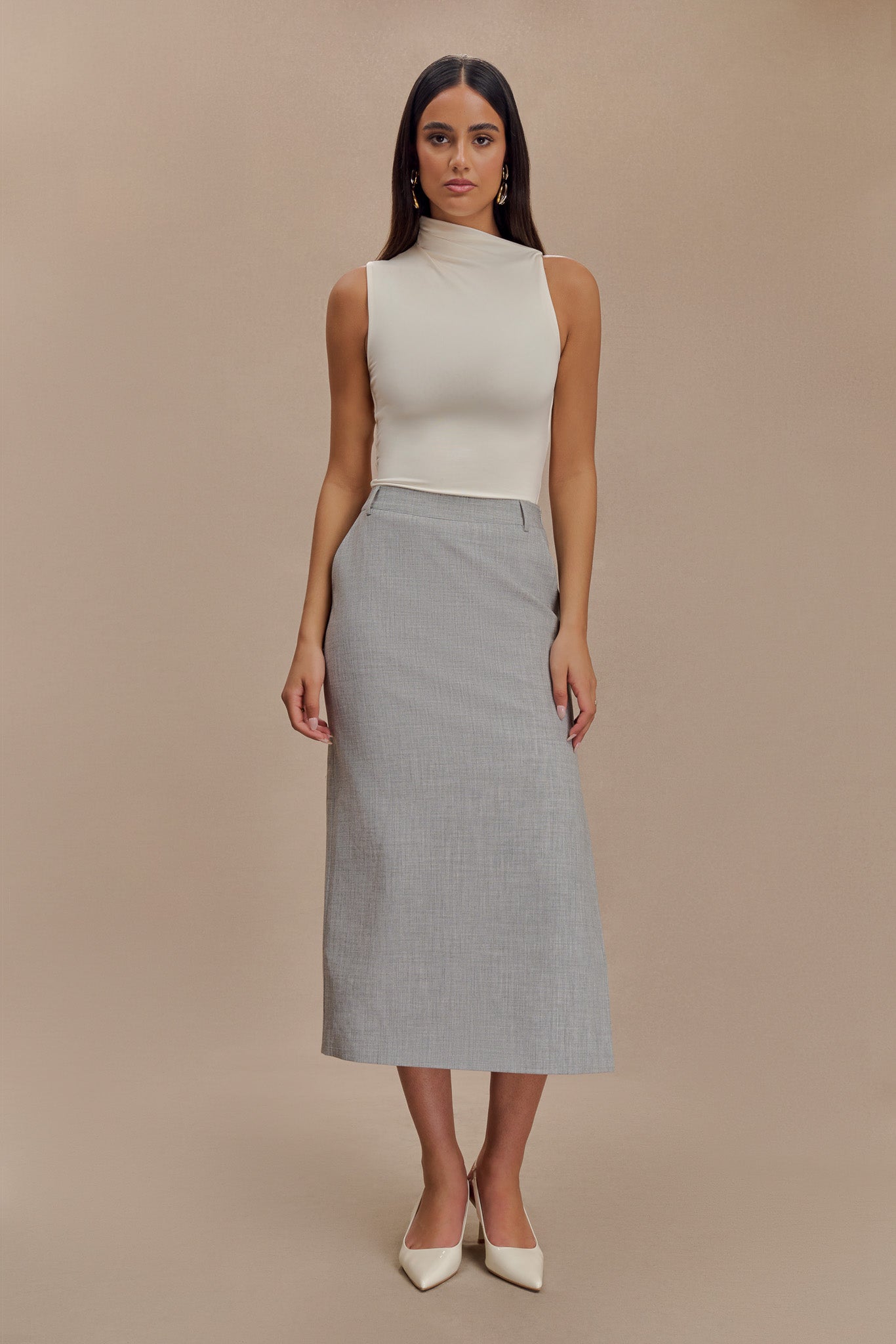 High-Waisted Midi Skirt with Pockets & Side Vent | Ambrose Charcoal Marle