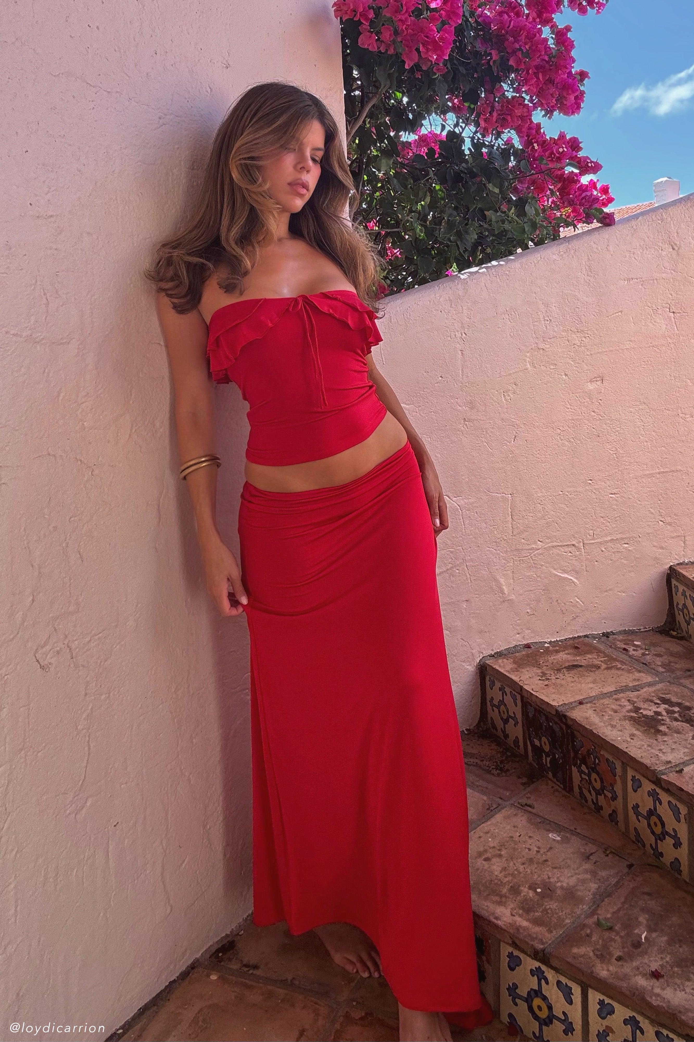 Asymmetrical Slinky Maxi Skirt with Lined Interior | Bea Pomegranate