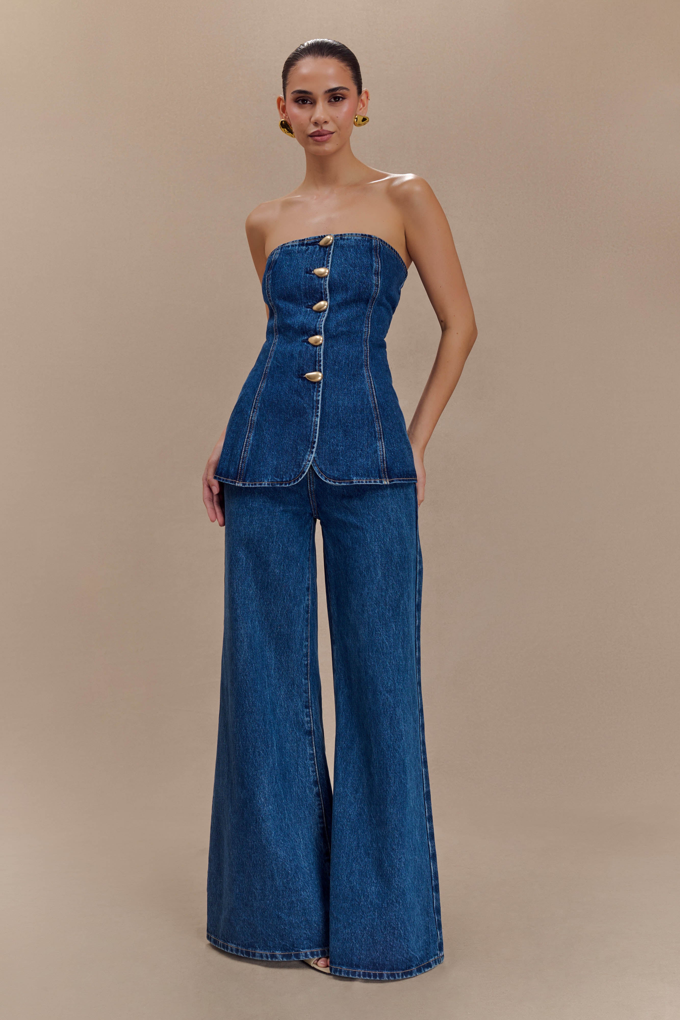Wide Leg Flare Jeans for Women | High Waisted Dark Blue Denim