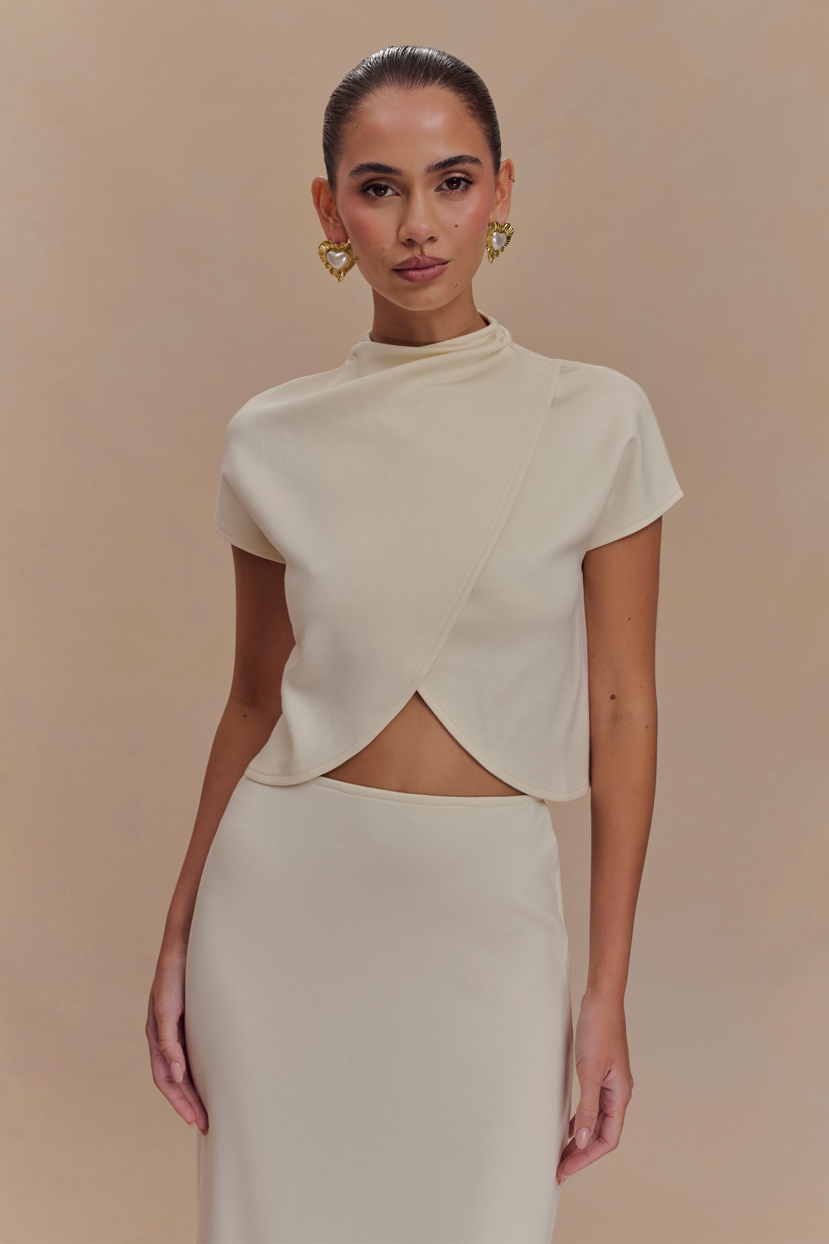 High Neck Scuba Jersey Top with Back Zip | Eris Ivory