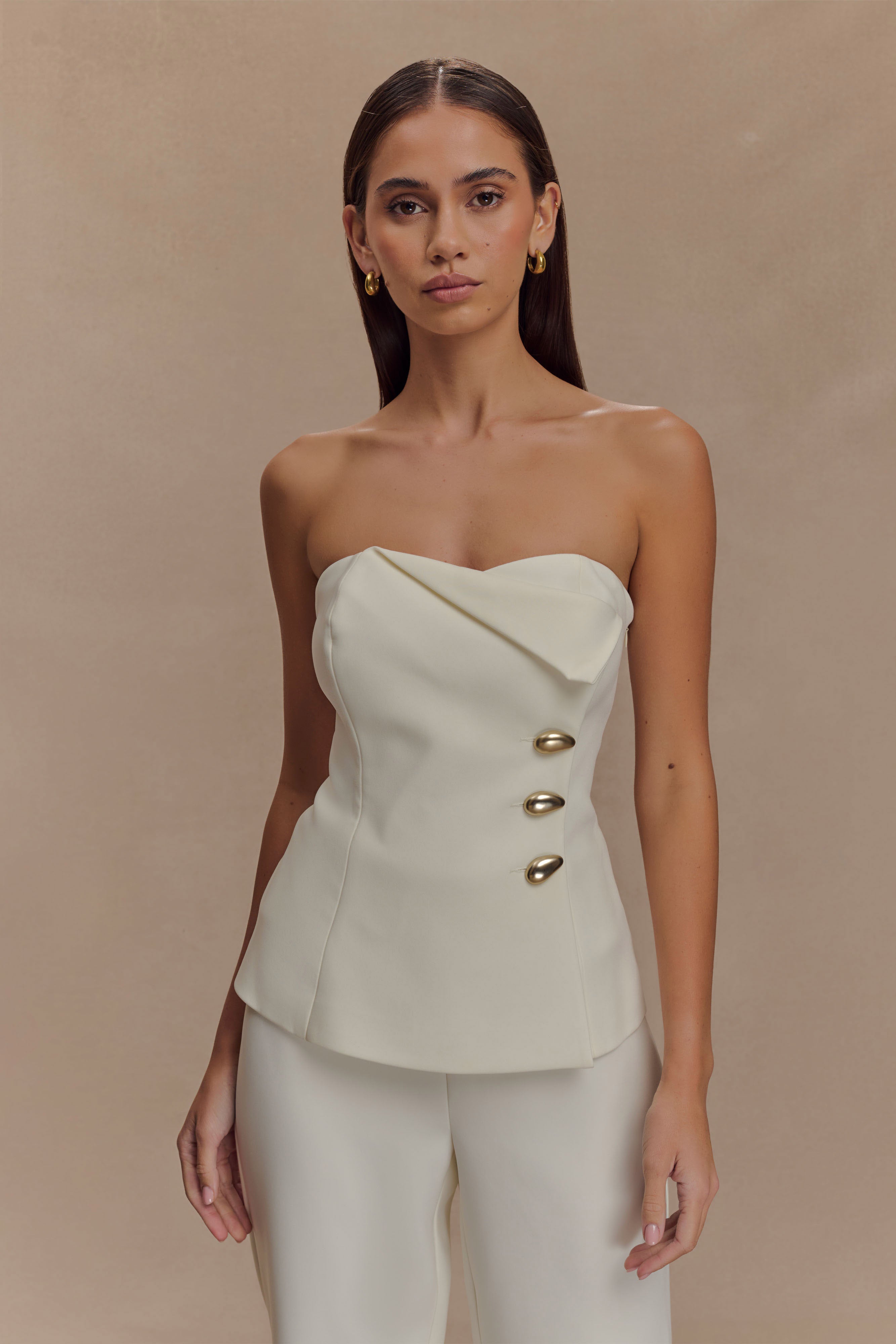 Strapless Suiting Top with Button Front & Longline Silhouette | Lindie Ivory
