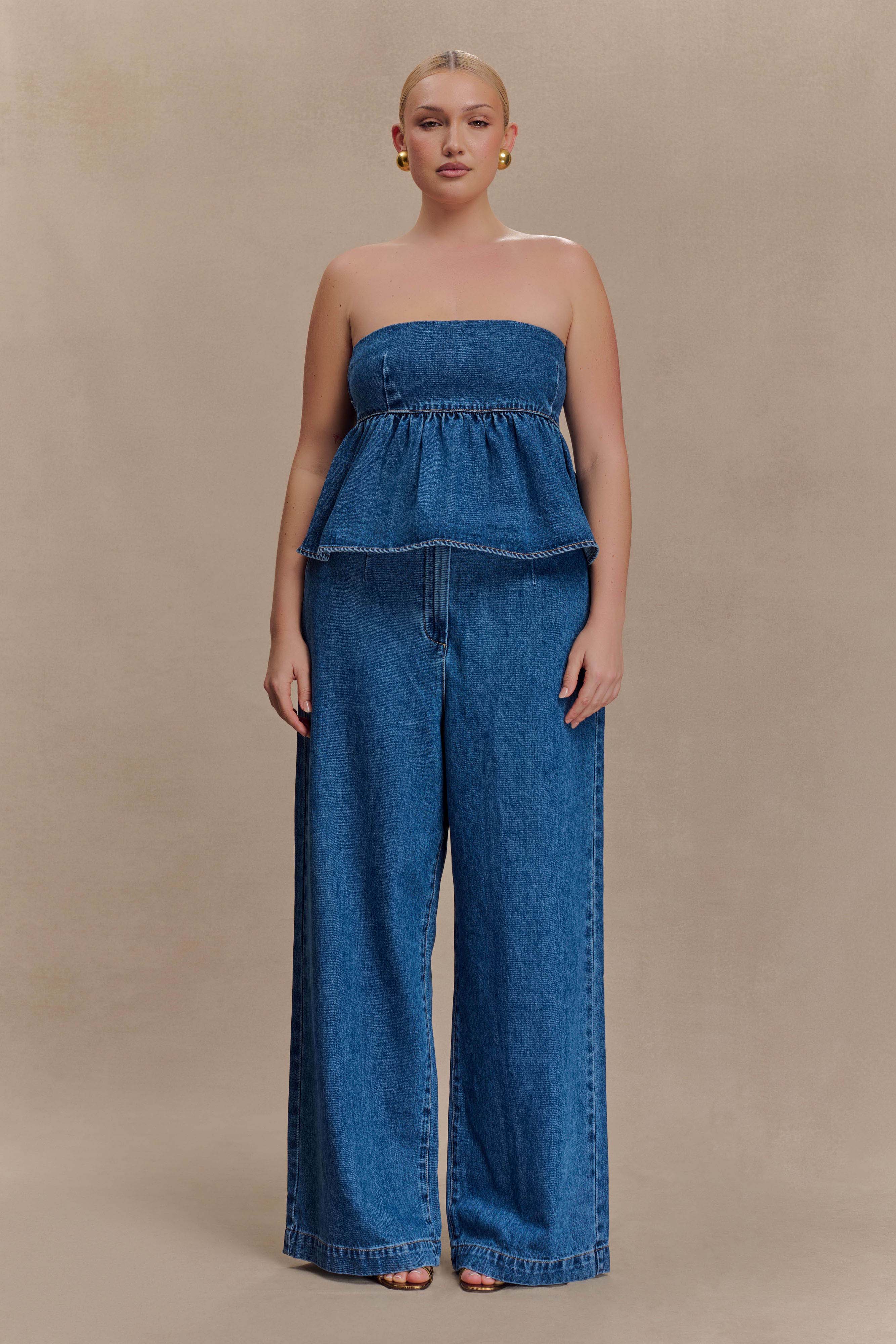 Strapless Denim Top with Peplum Detail | Pauline 90s Blue