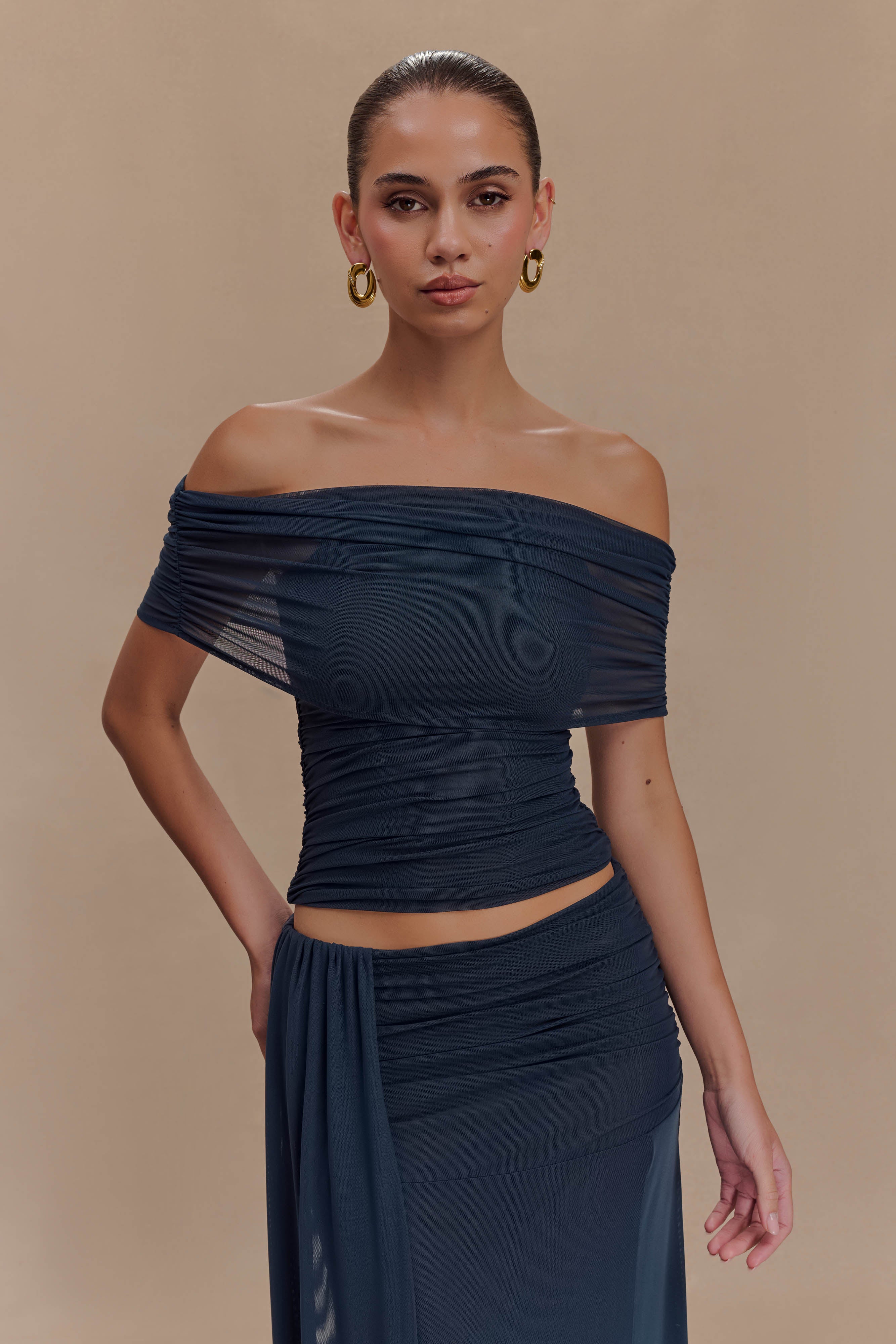 Off Shoulder Mesh Crop Top with Ruched Overlay | ARNA Midnight Blue