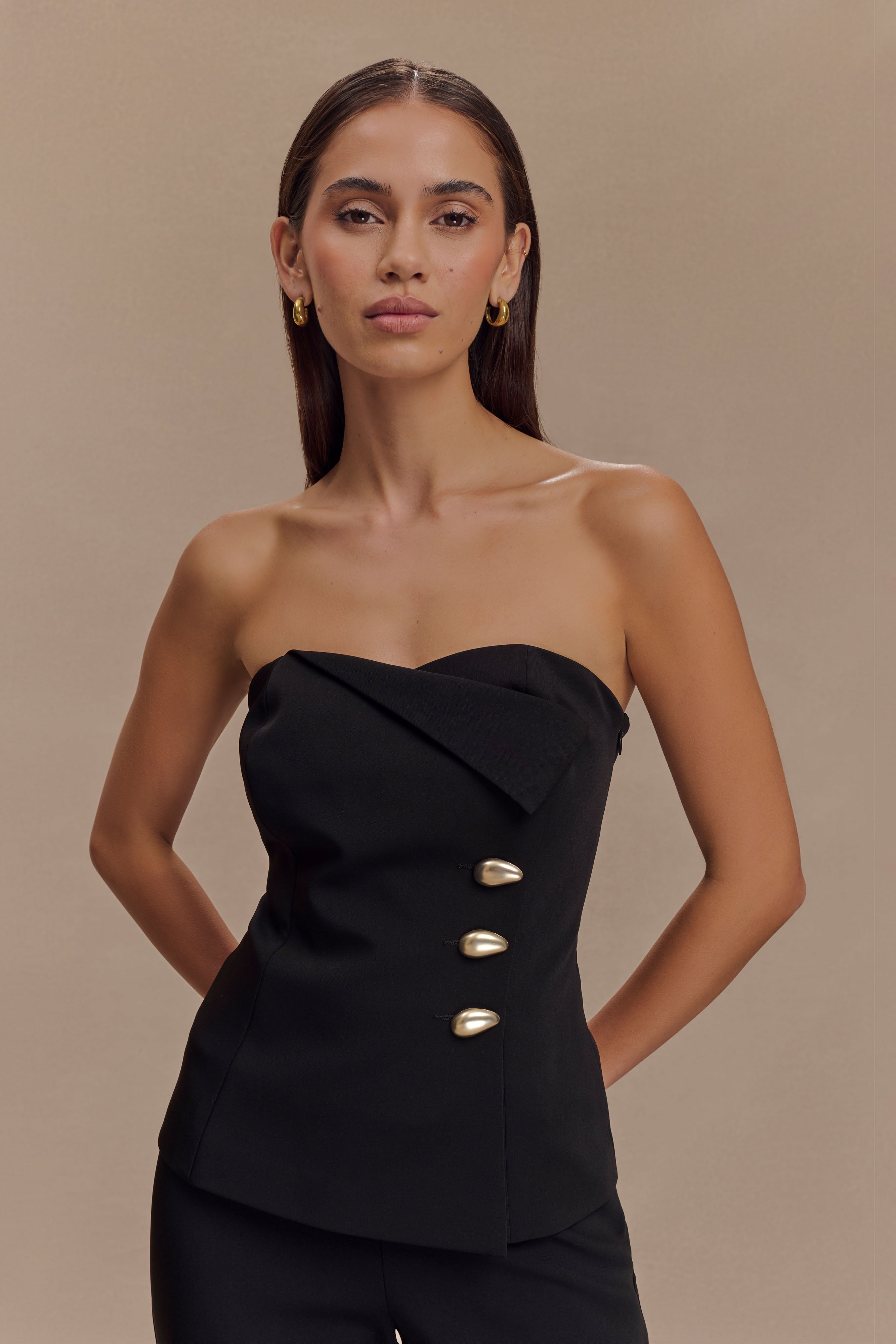 Strapless Suiting Top with Button Front & Longline Silhouette | Lindie
