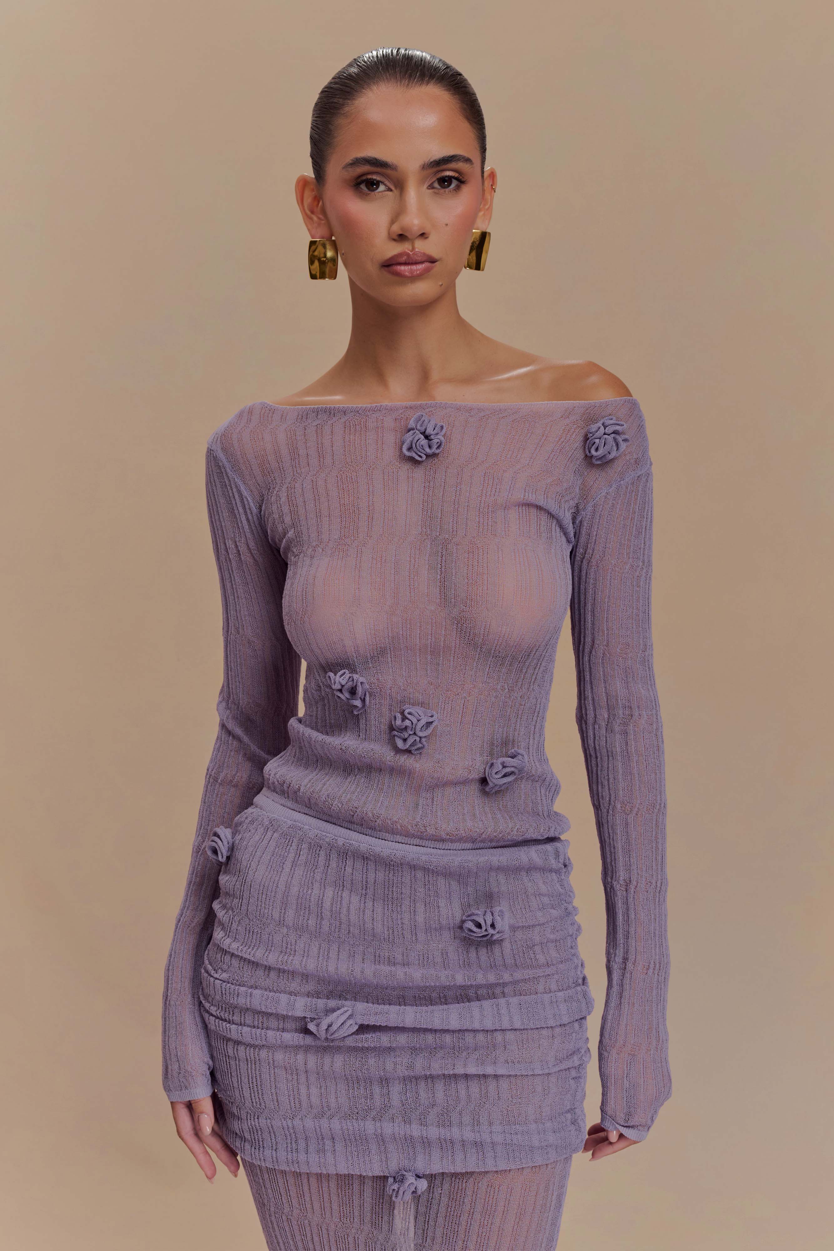 Elegant Long Sleeve Knit Top with Floral Detail | Orianna Orchid