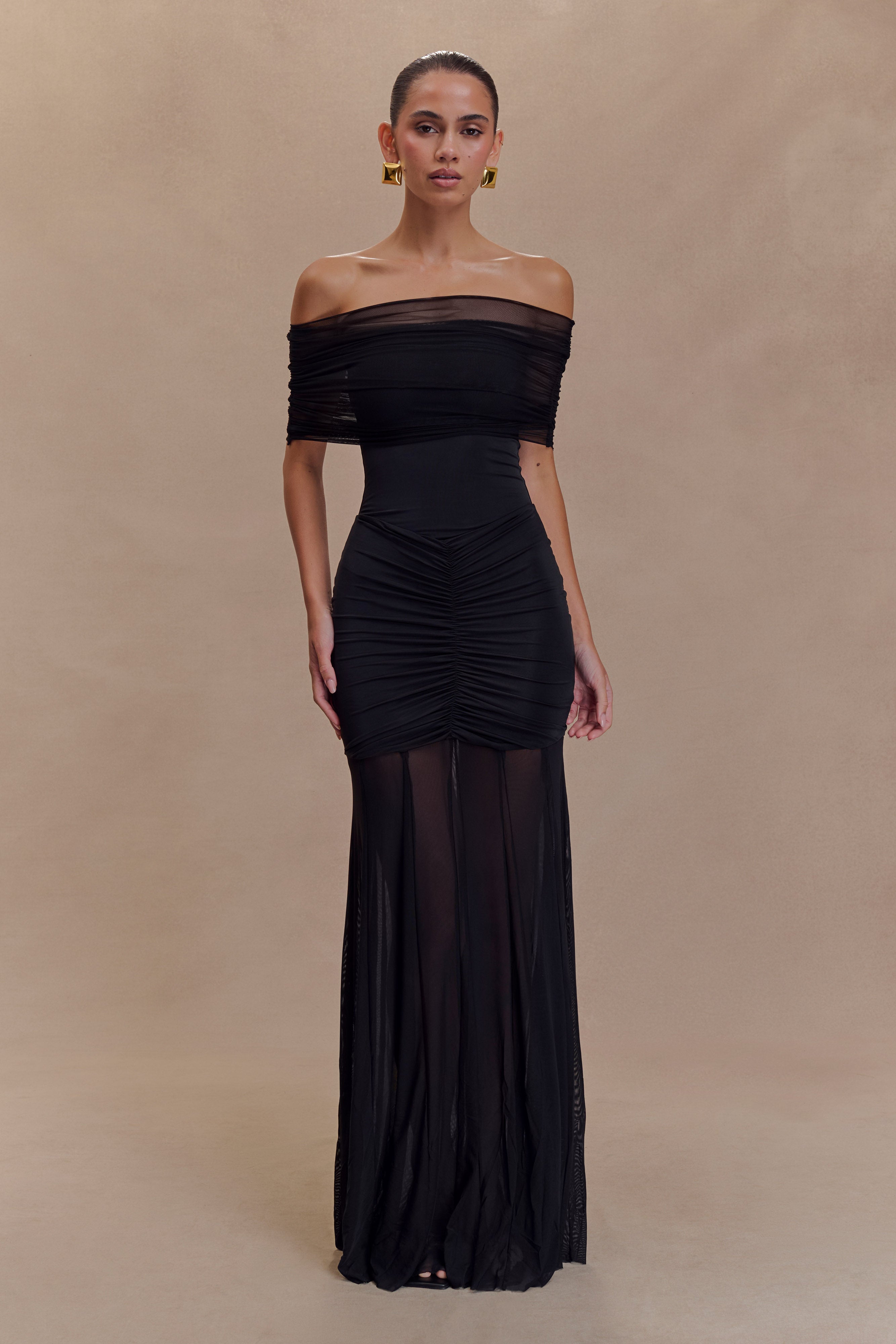 Off Shoulder Maxi Dress with Mesh Overlay & Ruching | Caspian Black