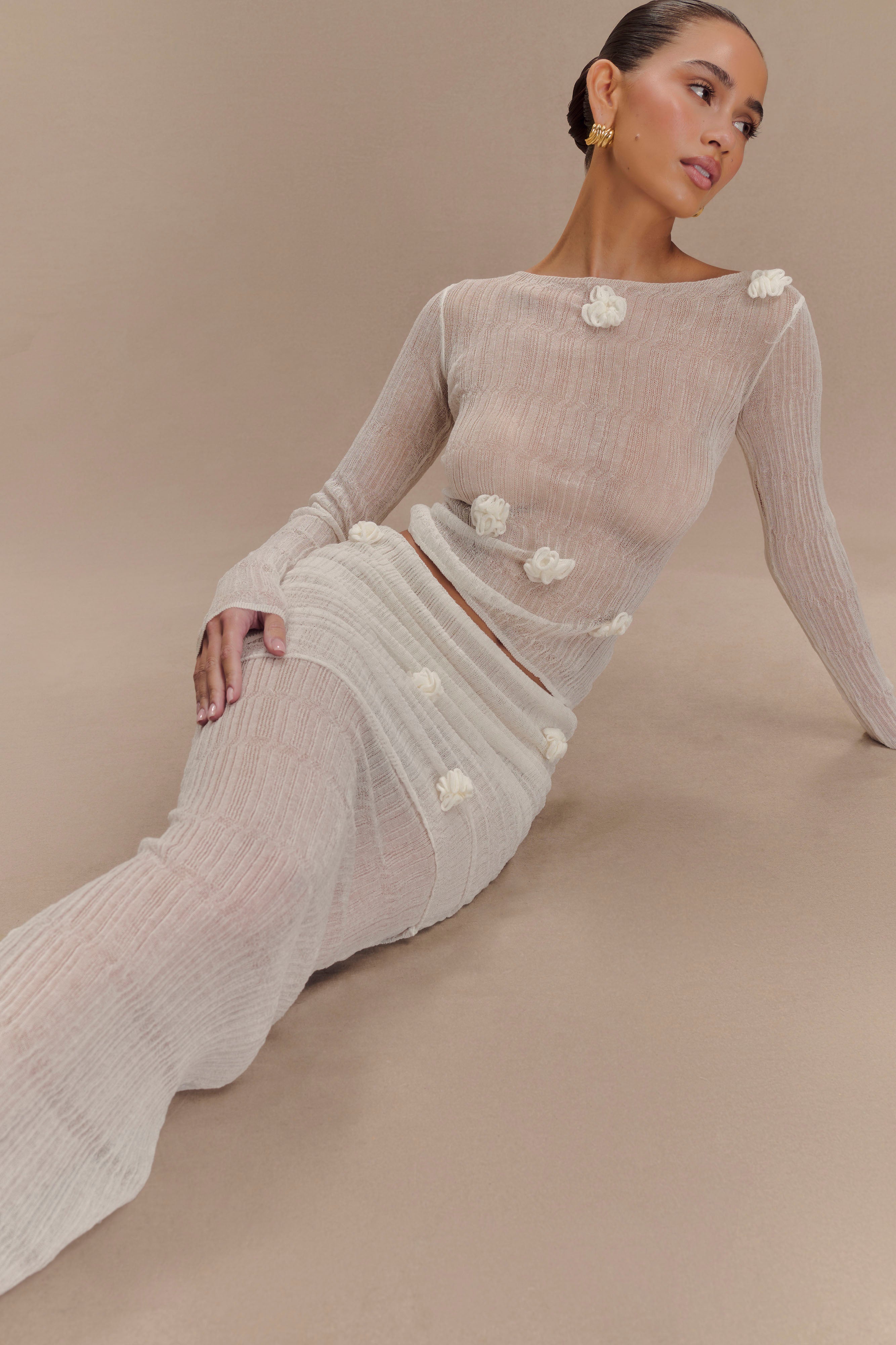 Knit Maxi Skirt with Fishtail Hem & Floral Detail | Orianna Orchid