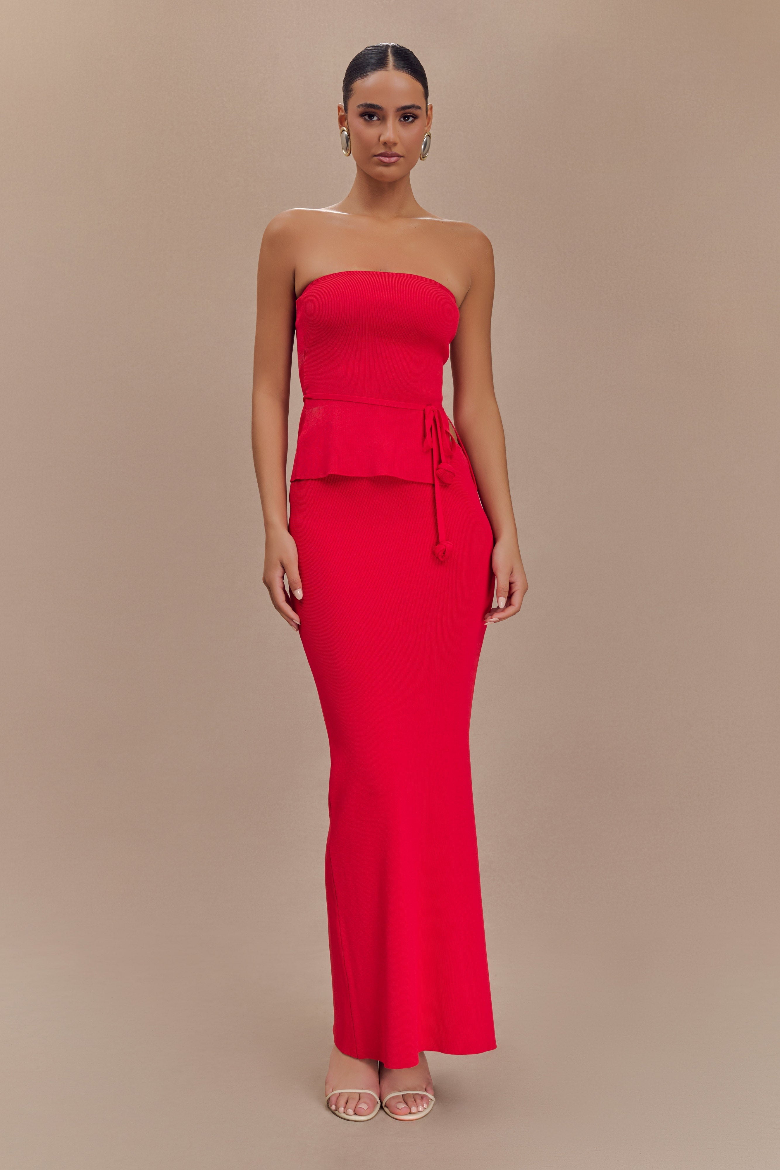 Fishtail Knit Maxi Skirt with Elastic Waist | Keaton Red