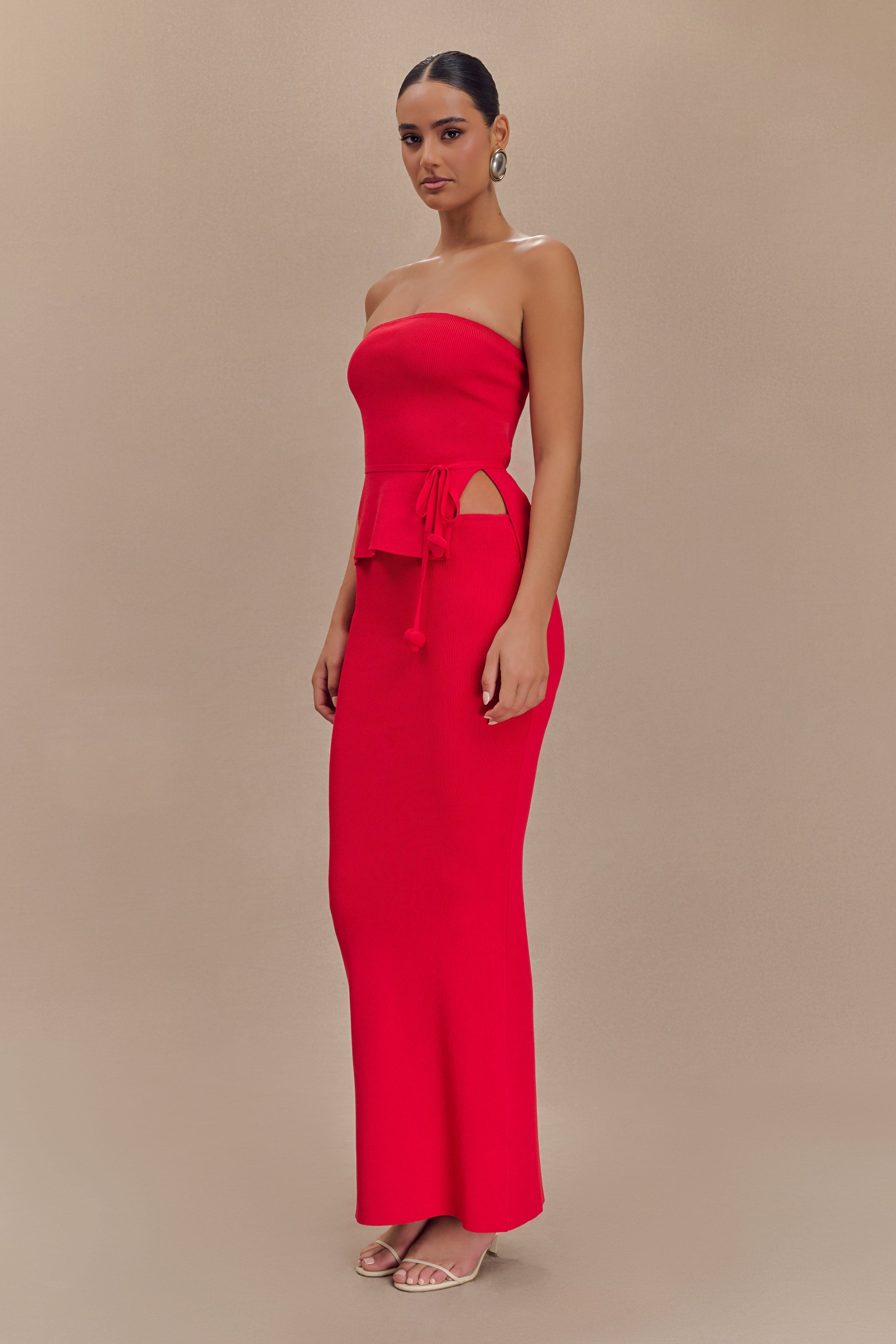 Fishtail Knit Maxi Skirt with Elastic Waist | Keaton Red