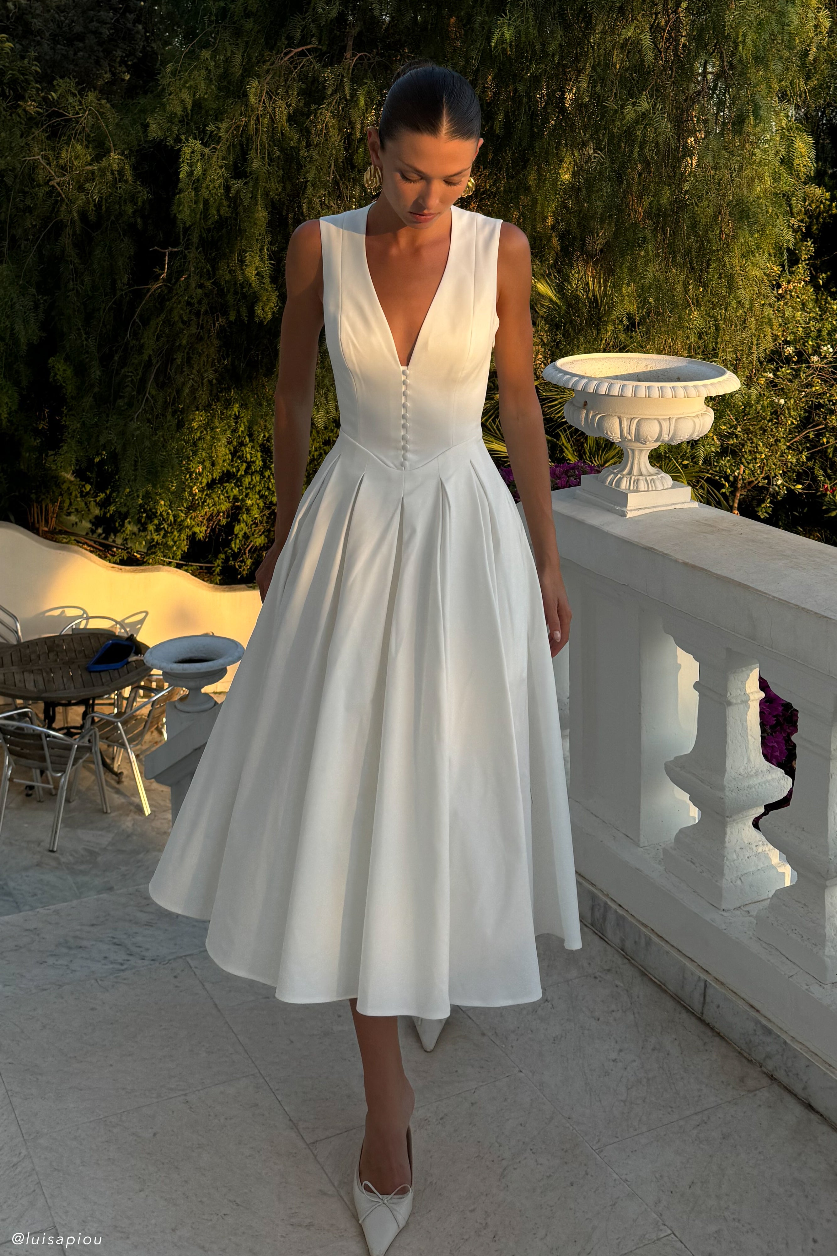 White Cotton Sleeveless Midi Dress with V Neckline & Pockets | Keely
