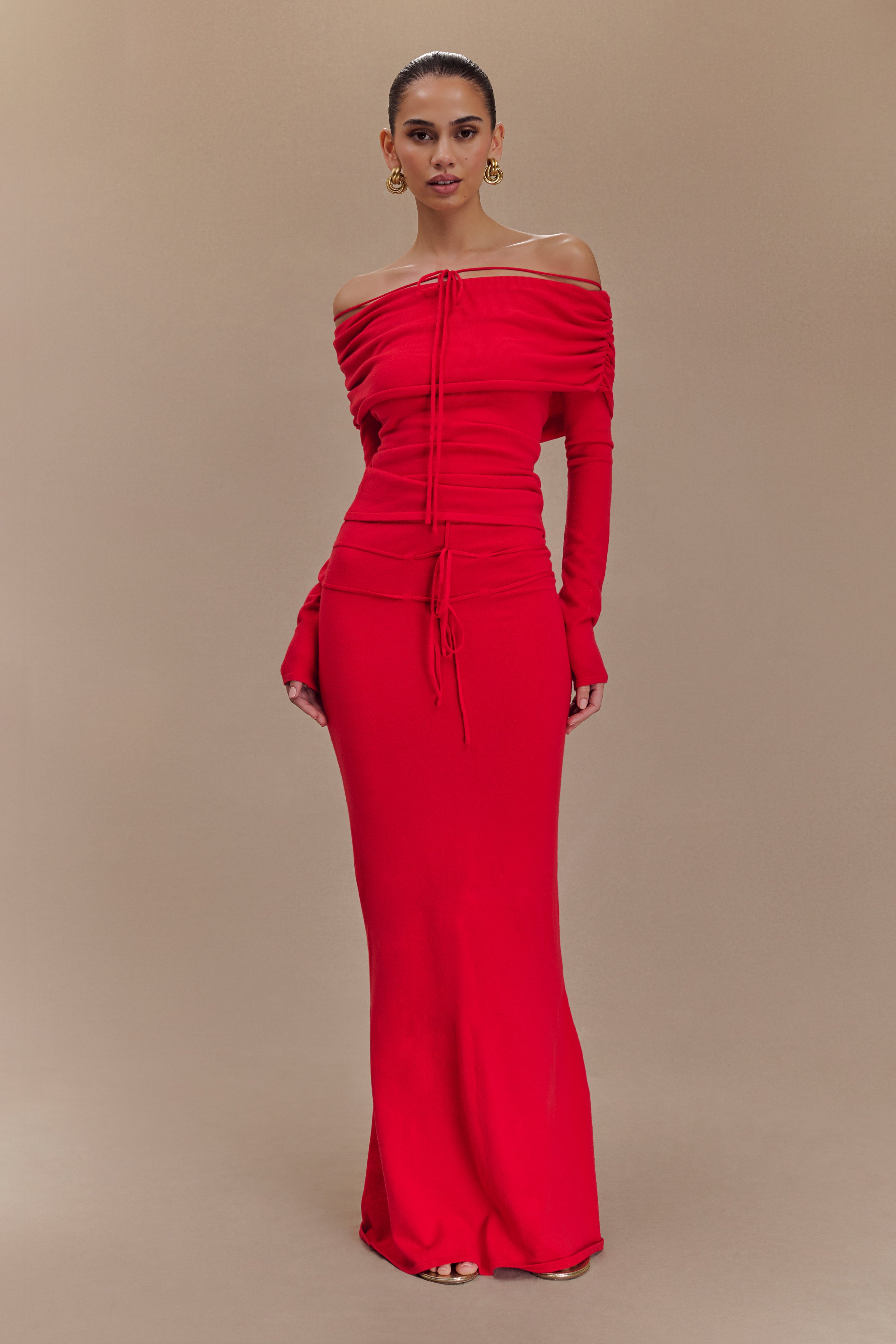 High-Waisted Knit Maxi Skirt with Ties | Polly Red