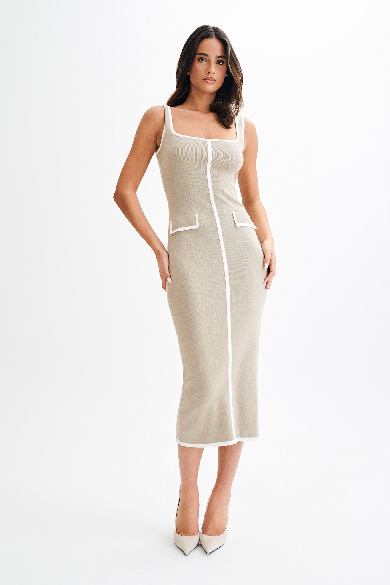Contrast Knit Midi Dress with Square Neckline | Eimear