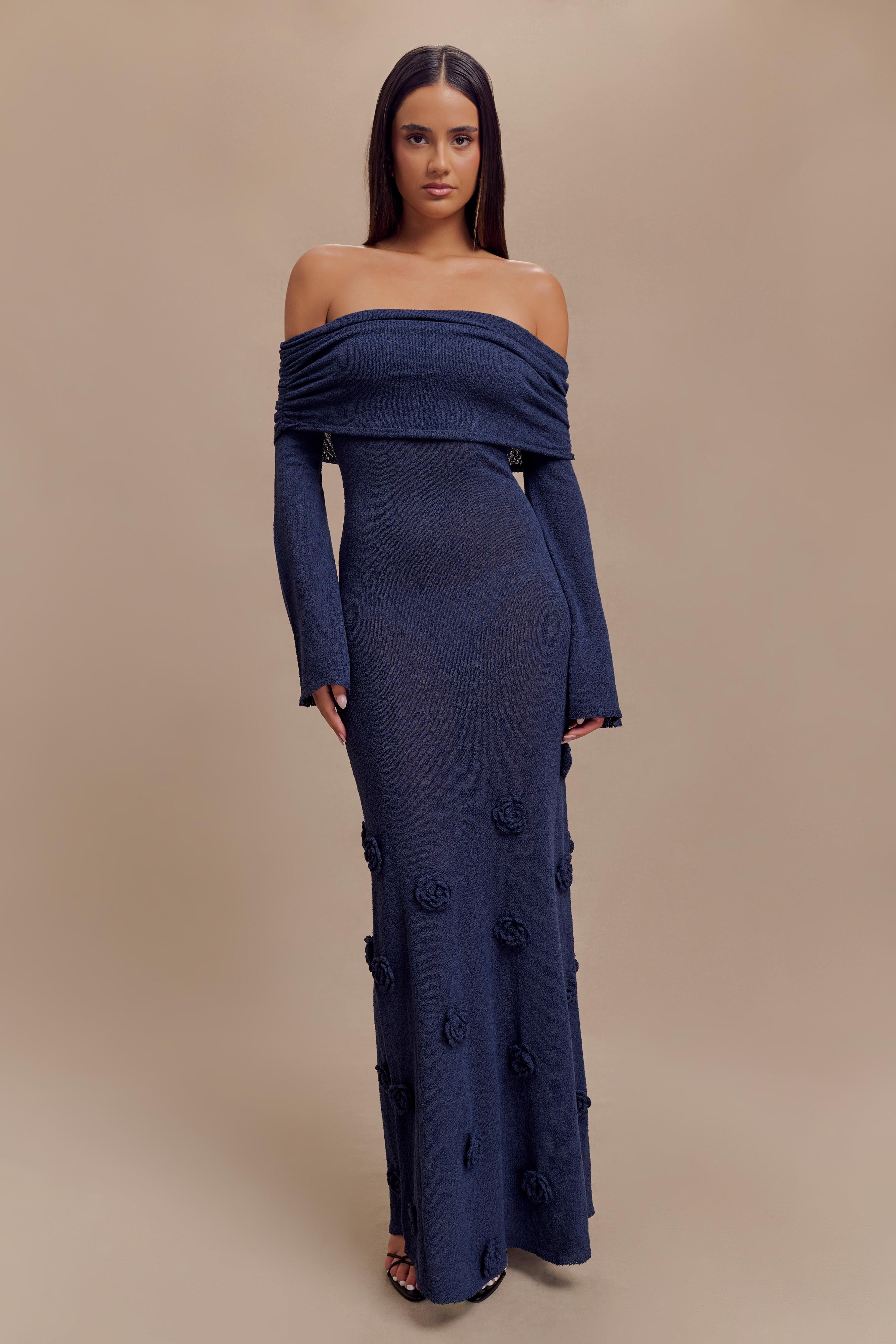 Off Shoulder Knit Maxi Dress with Rose Applique | Kiki Navy