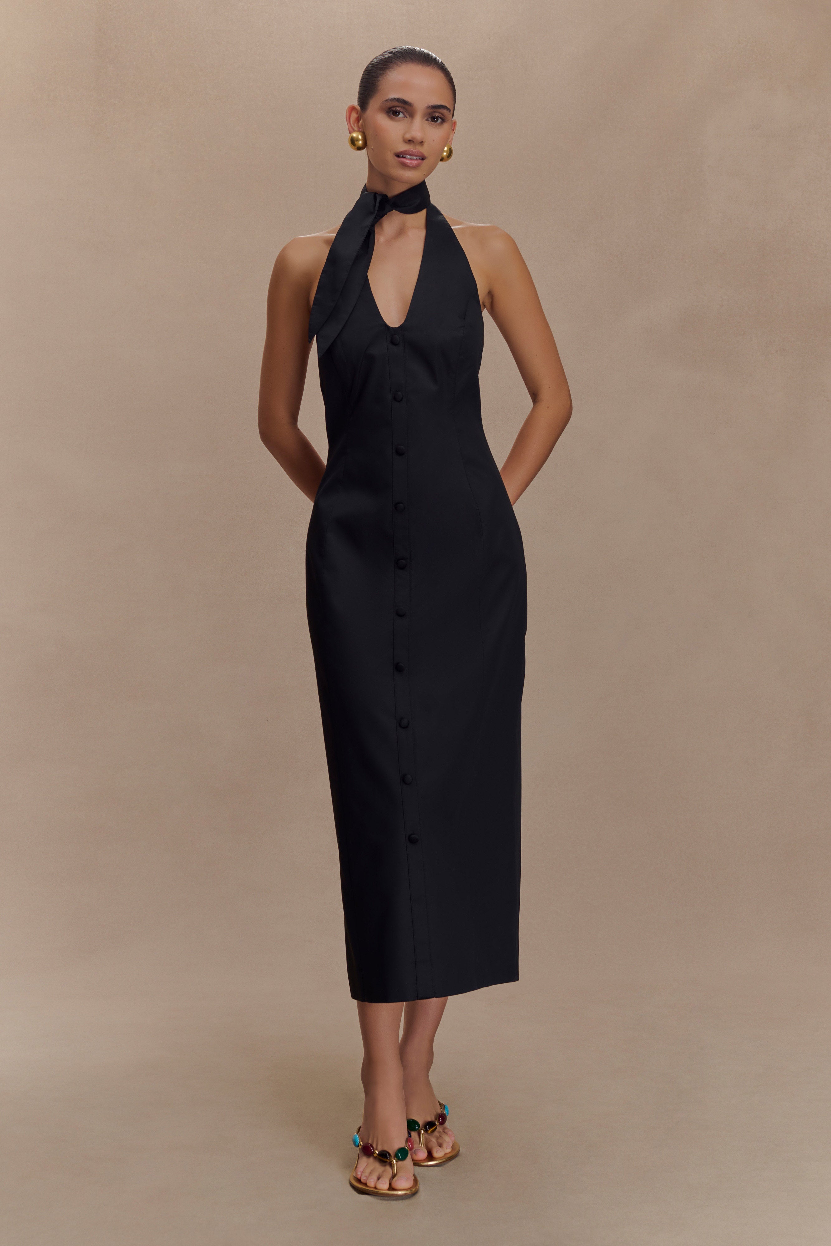 Halter Neck Midi Dress with V Neckline & Back Split | Simona Black