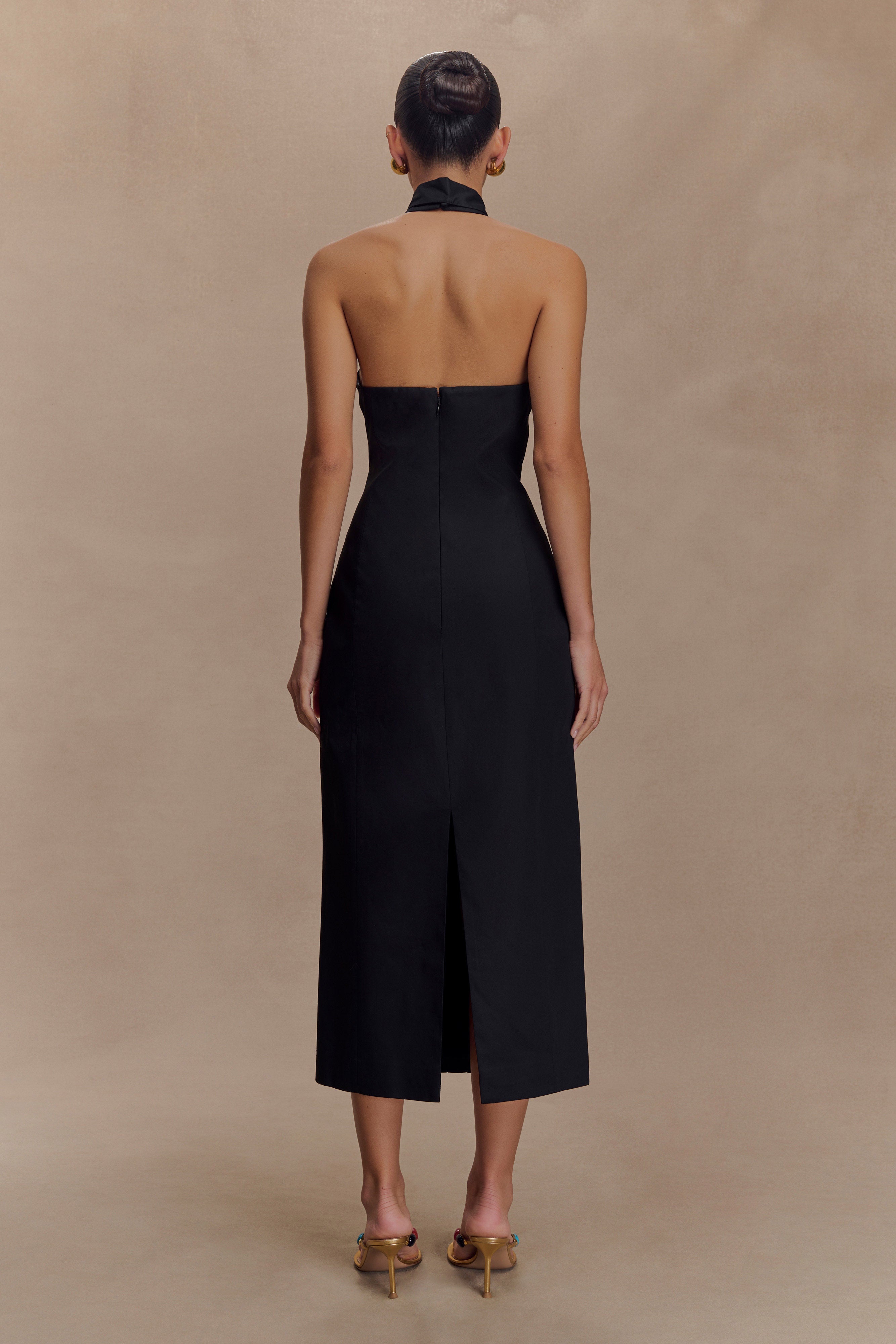 Halter Neck Midi Dress with V Neckline & Back Split | Simona Black