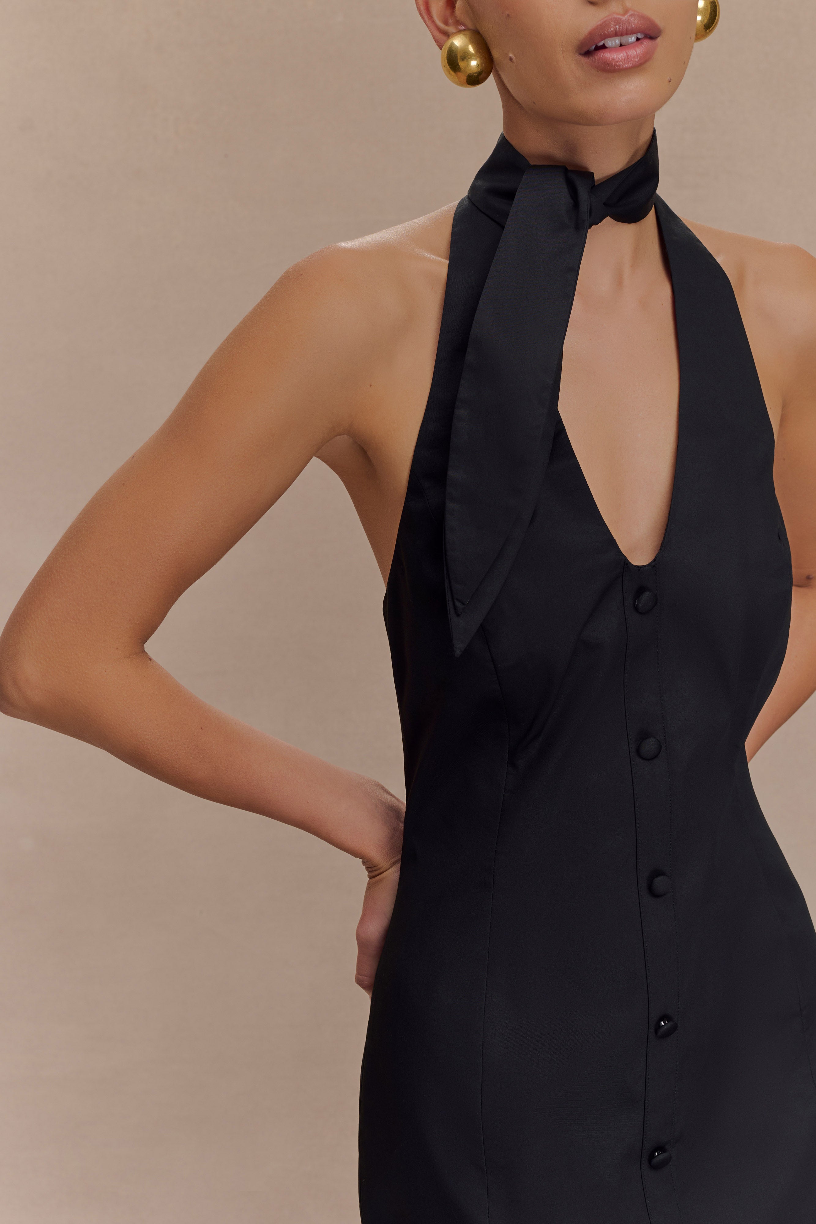 Halter Neck Midi Dress with V Neckline & Back Split | Simona Black