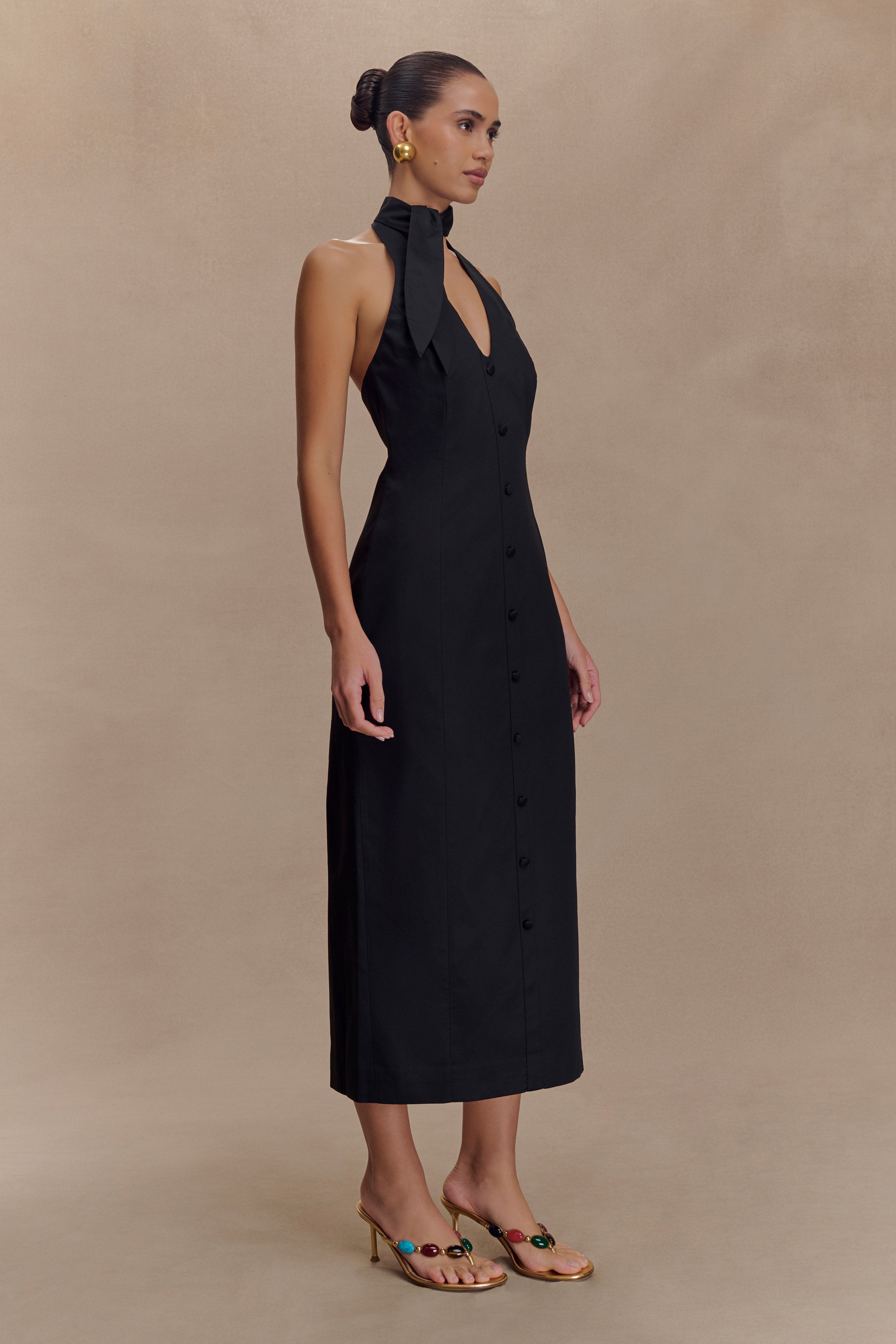Halter Neck Midi Dress with V Neckline & Back Split | Simona Black