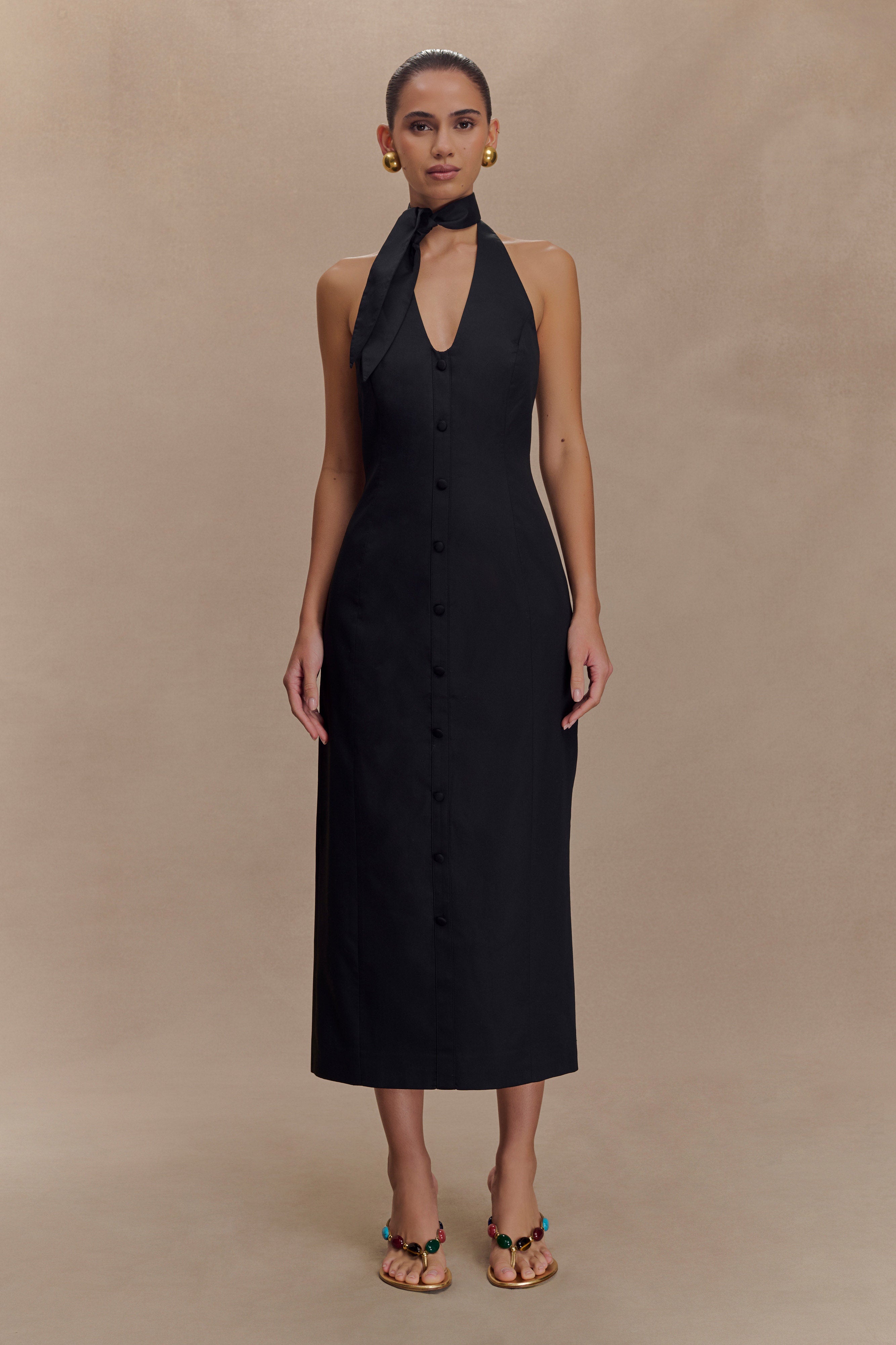 Halter Neck Midi Dress with V Neckline & Back Split | Simona Black