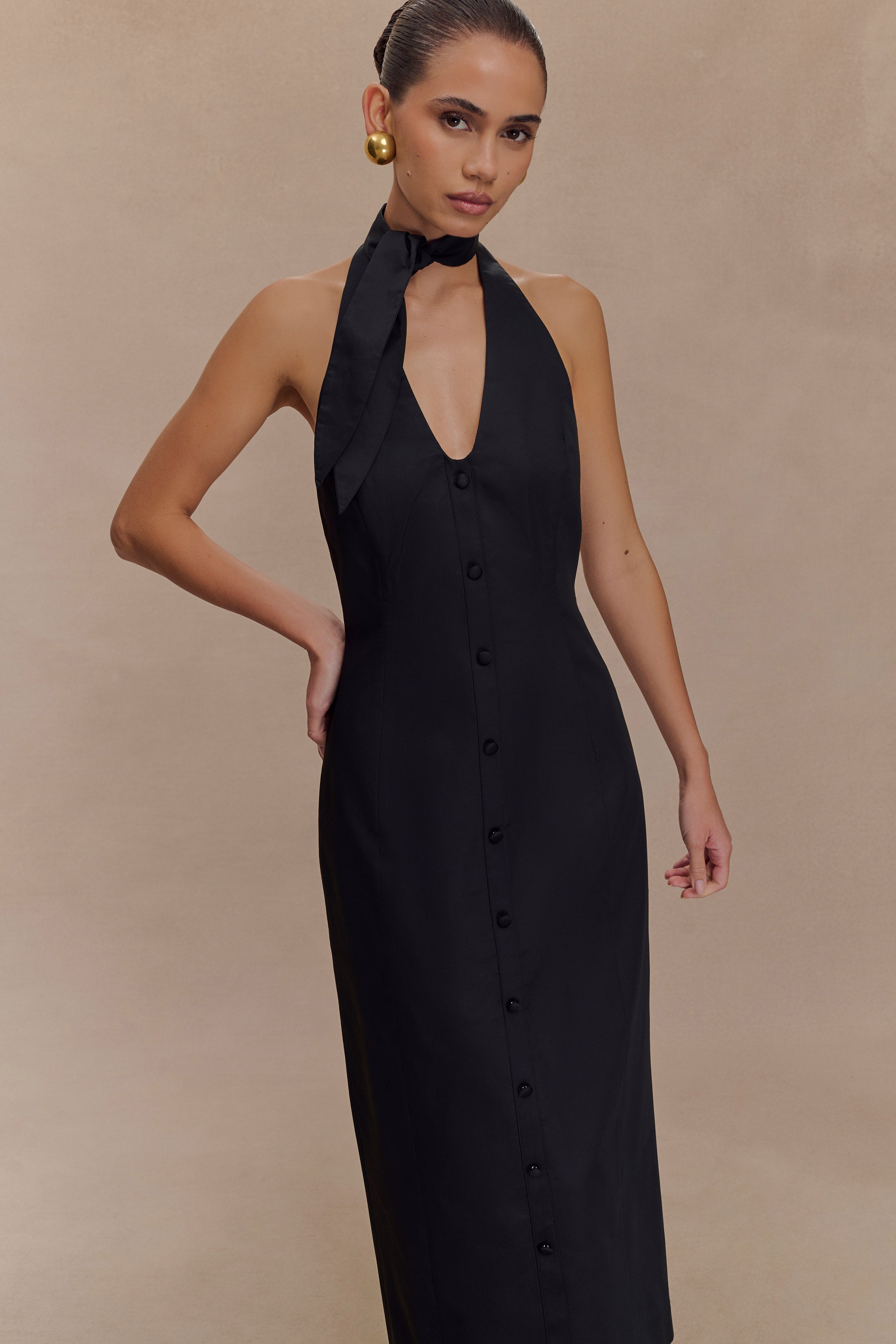 Halter Neck Midi Dress with V Neckline & Back Split | Simona Black