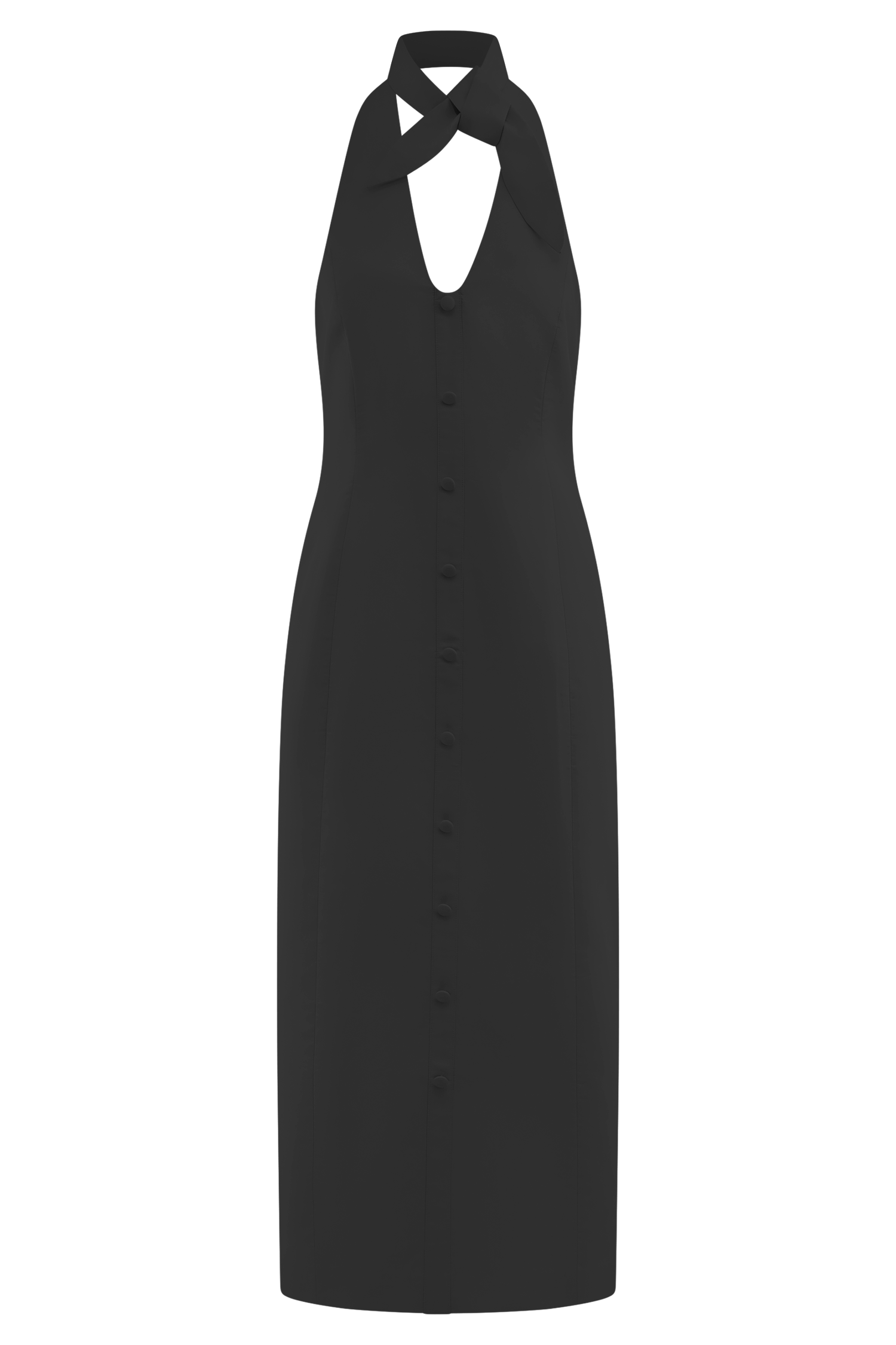 Halter Neck Midi Dress with V Neckline & Back Split | Simona Black