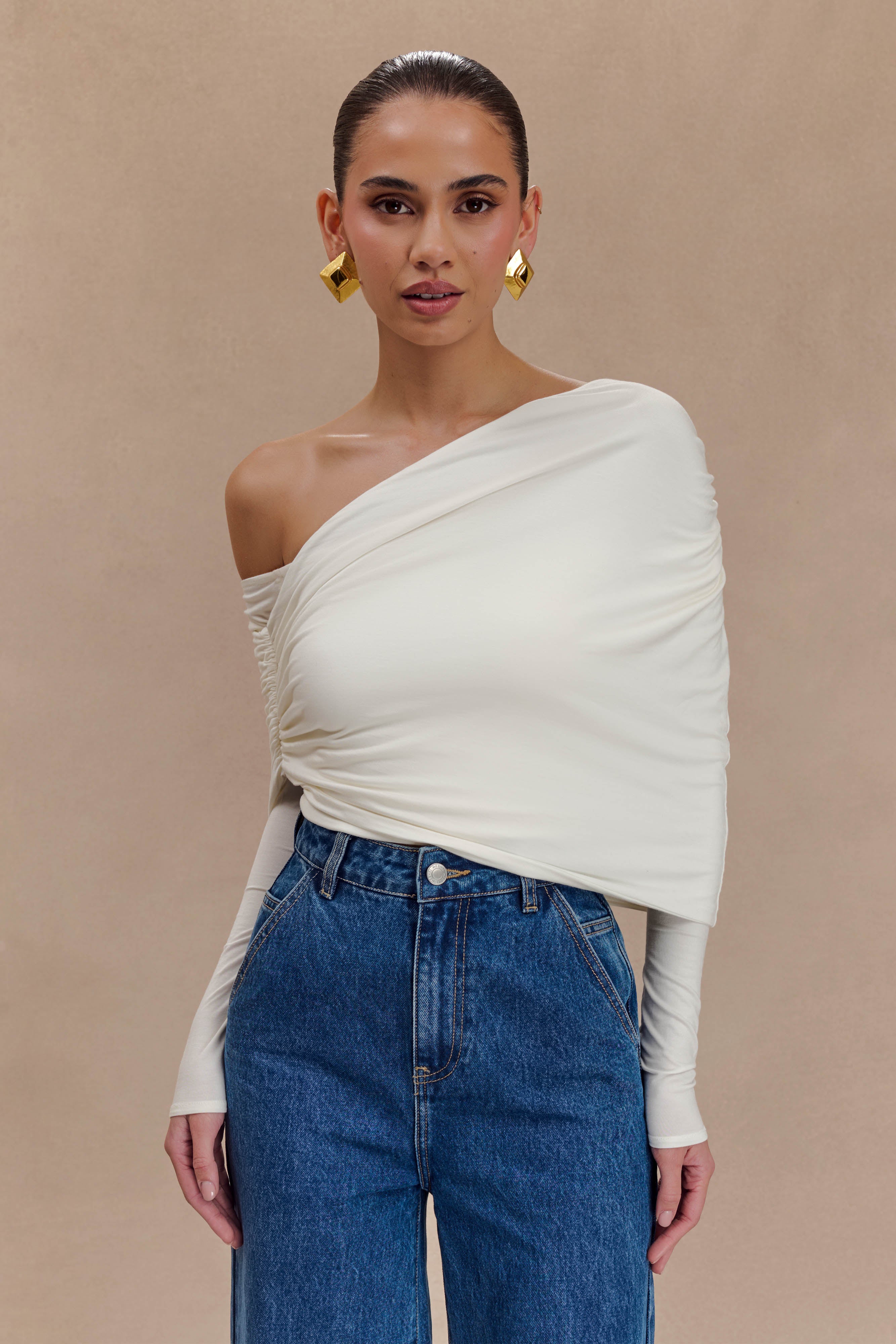 Modal One Shoulder Top with Ruched Panelling | Corinna Ivory