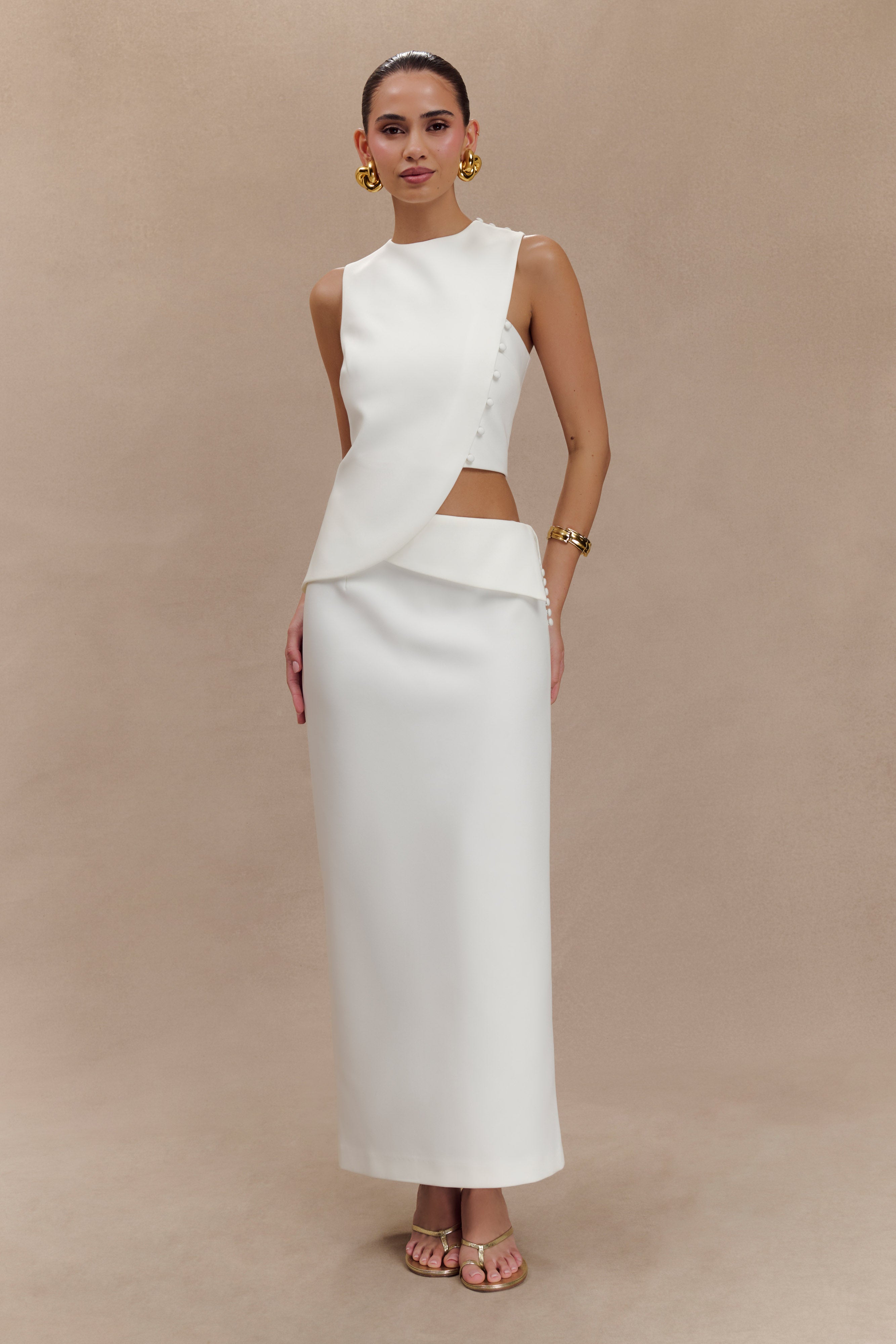 White Suiting Midi Skirt with Asymmetrical Waist | Astrid