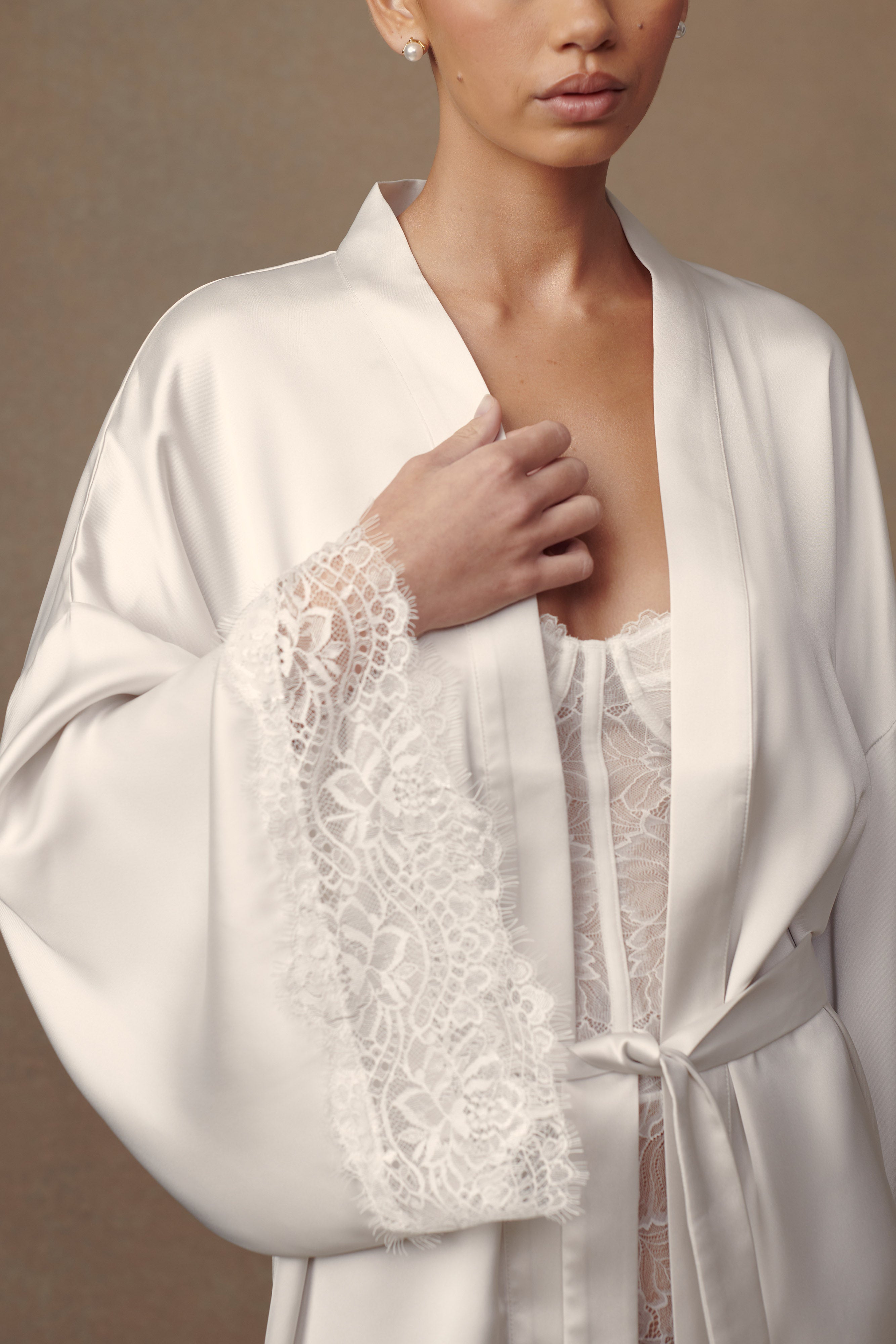Lace Trim Bridal Robe with Satin Sash & V Neckline | Annabeth