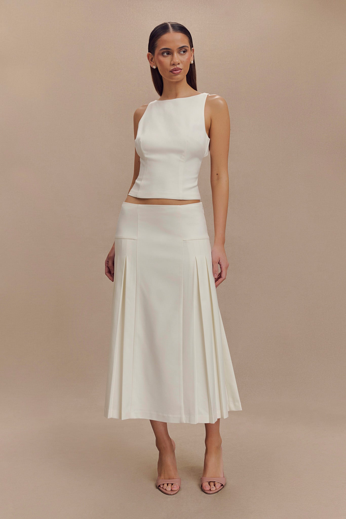 Pleated Midi Skirt with Side Zip - Ivory | Brigette