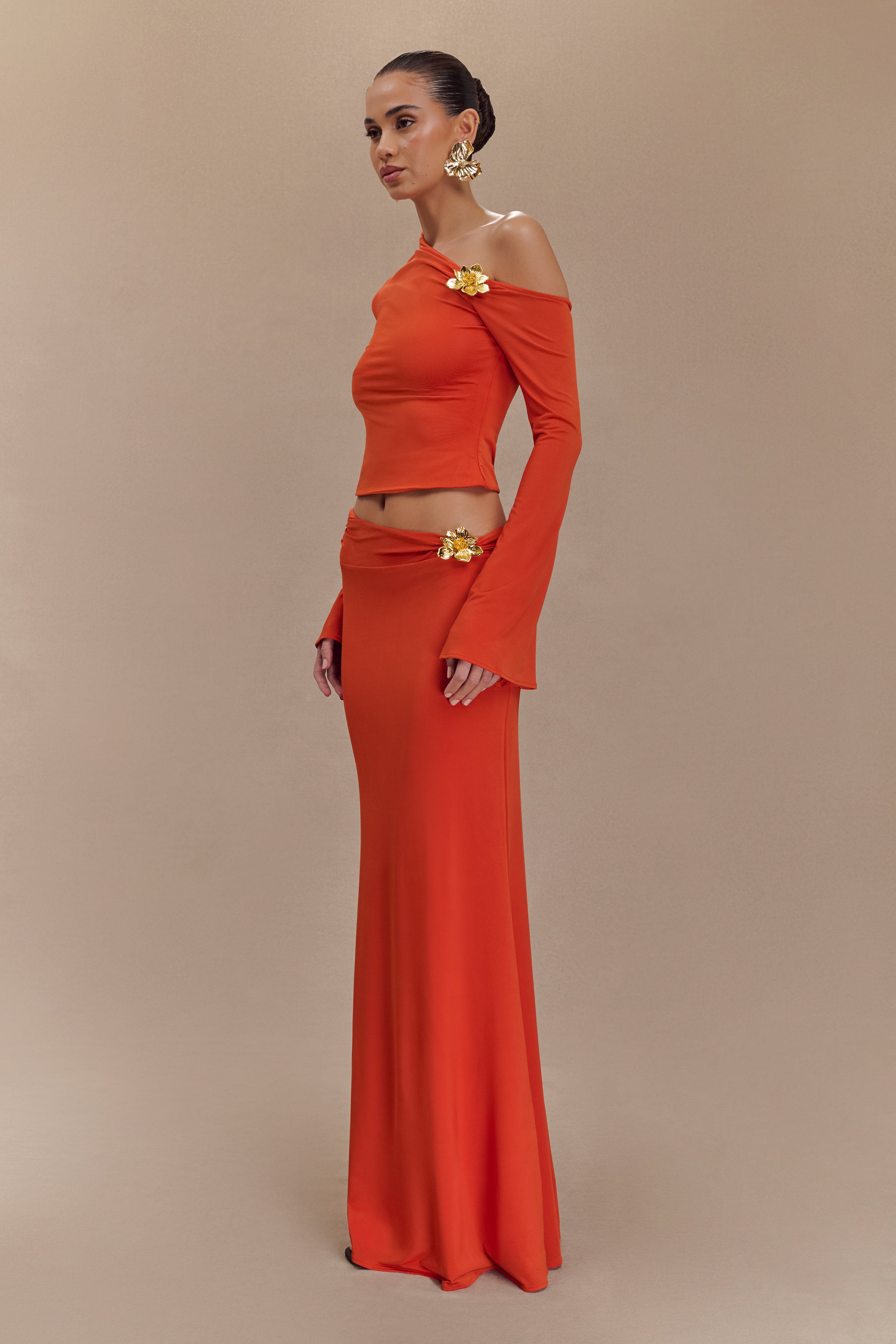 Asymmetrical Maxi Skirt with Floral Hardware - Ainsley | Burnt Orange