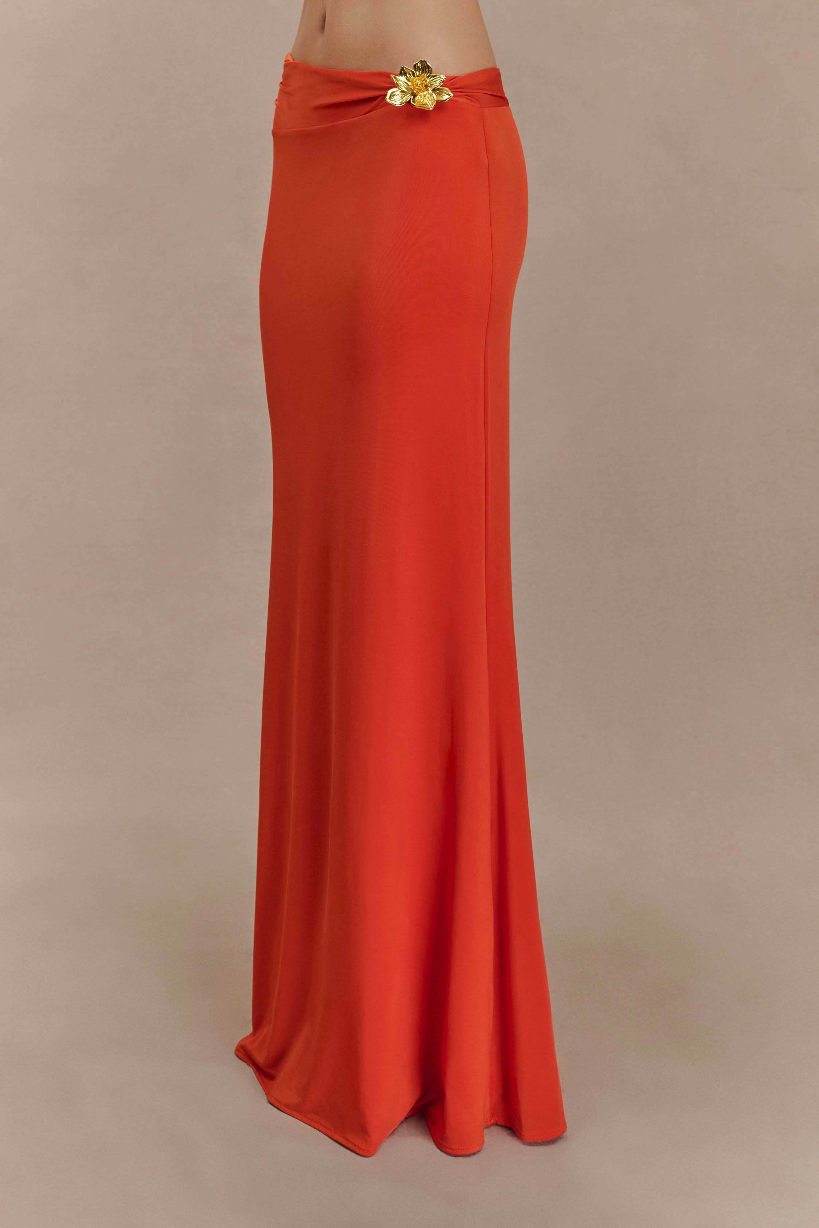 Asymmetrical Maxi Skirt with Floral Hardware - Ainsley | Burnt Orange