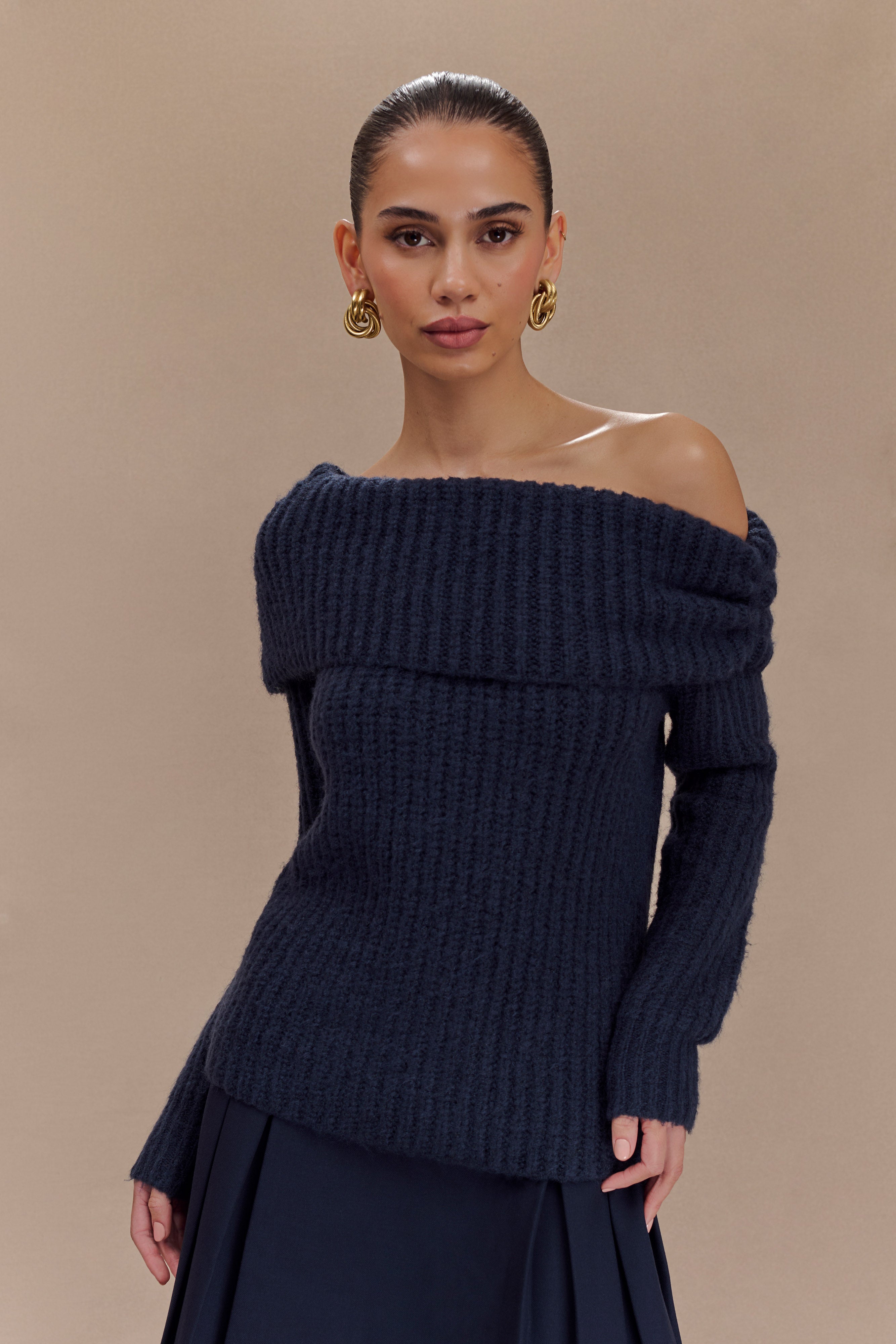 Off Shoulder Knit Top with Long Sleeves | Alicia Dark Navy