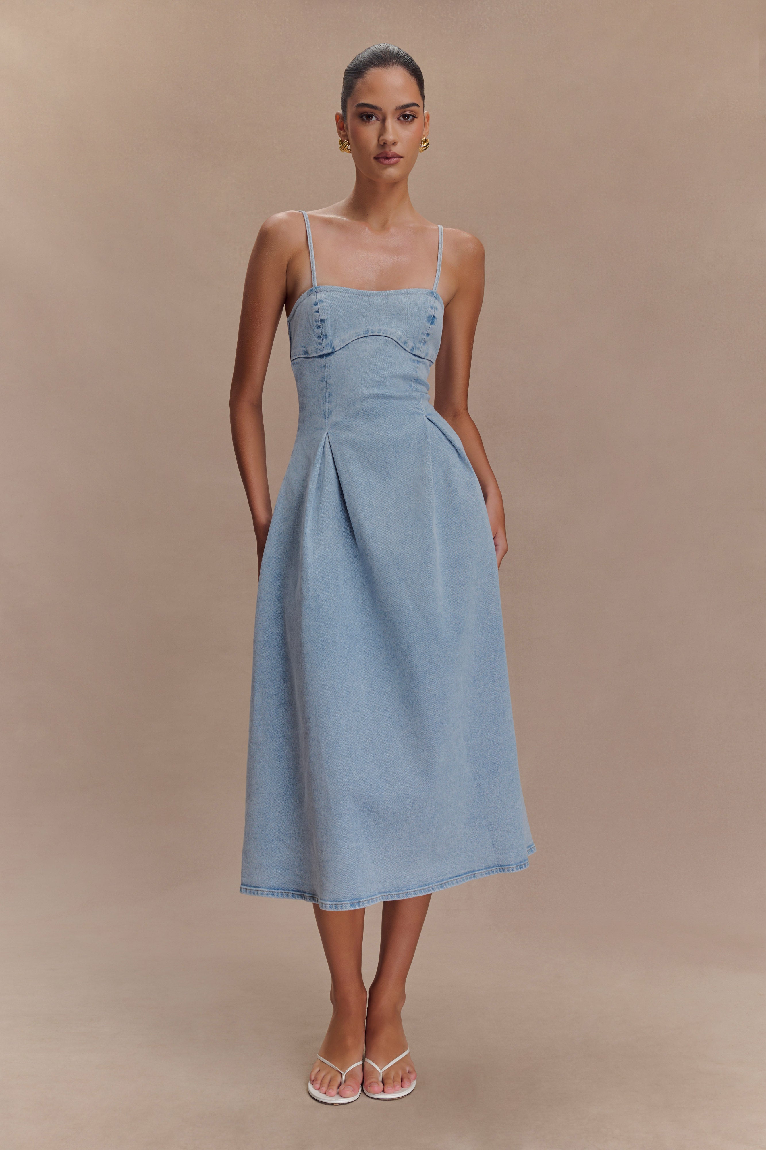 Light Blue Denim Midi Dress with Adjustable Straps | Harlyn